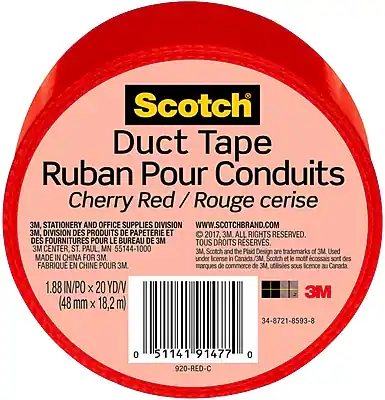 Scotch Duct Tape
Ruban Pour Conduits
Cherry Red / Rouge cerise
3M Stationery and Office Supplies Division
3M Division des produits de papeterie et des fournitures pour le bureau
www.scotchbrand.com
3M, 2017. All rights reserved.
3M, tous droits réservés.
3M Center, St. Paul, MN 55144-1000
Scotch and the Plid are trademarks of 3M.
Scotch et le motf cossais sont des marques de commerce de 3M.
Made in China for 3M.
Fabriqué en Chine pour 3M.
1.88 IN/PO x 20 YD/V (48 mm x 18.2 m)
3M 34-8721-8593-8
0 51141 91477 920-RED-C 0
34-8721-8593-8