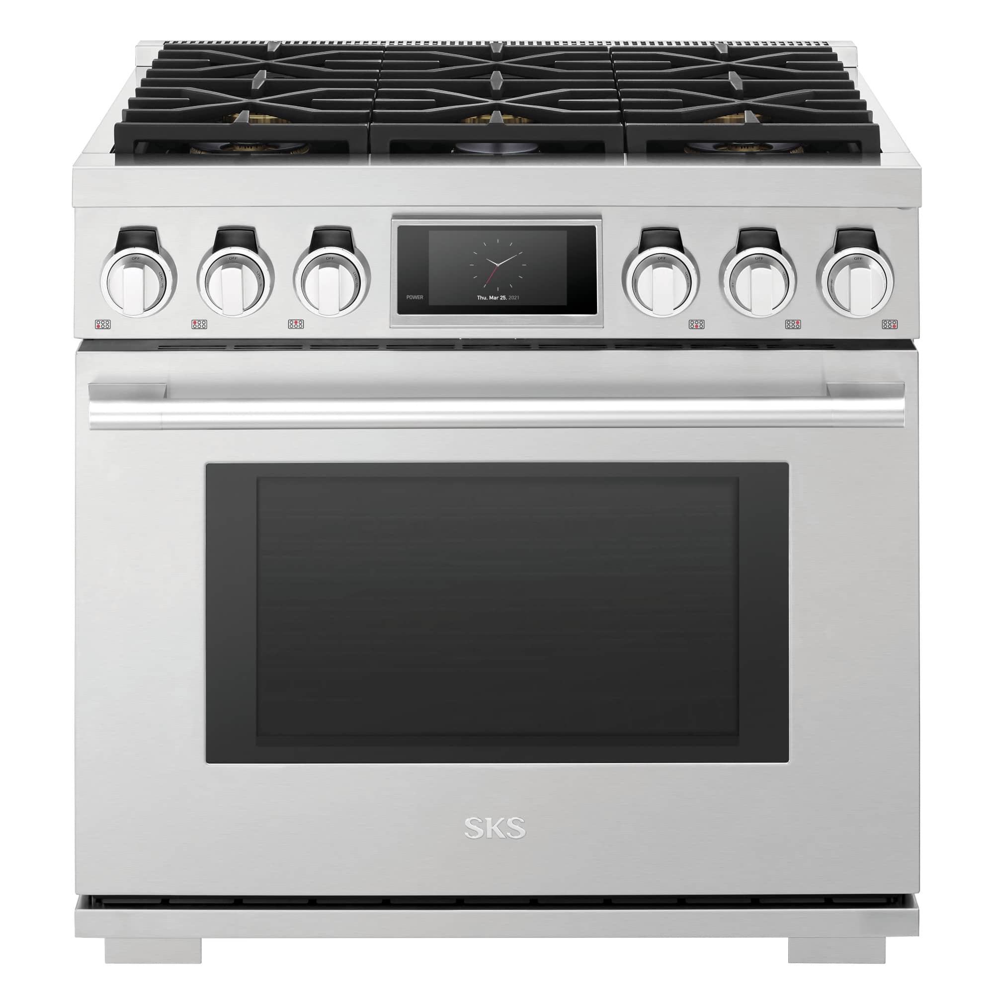 SKS - 36-inch 6.3 Cu. Ft. Freestanding Smart Gas Convection Range with Smart Knobs and Built-in Wok Grate, 6 Burners - Stainless Steel