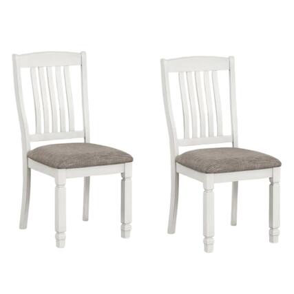 Front. Manhattan Lane - Dola Side Dining Chair Set of 2, Rustic White Wood, Gray Fabric, Slat Back - Rustic White, Gray.