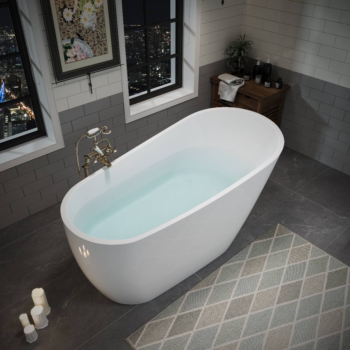 Alt View 6. Loheer - Loheer 55 Inch Acrylic Freestanding Bathtub Deep Soaking Glossy White Stand Alone Tub with Pop Up Drain - Glossy White.