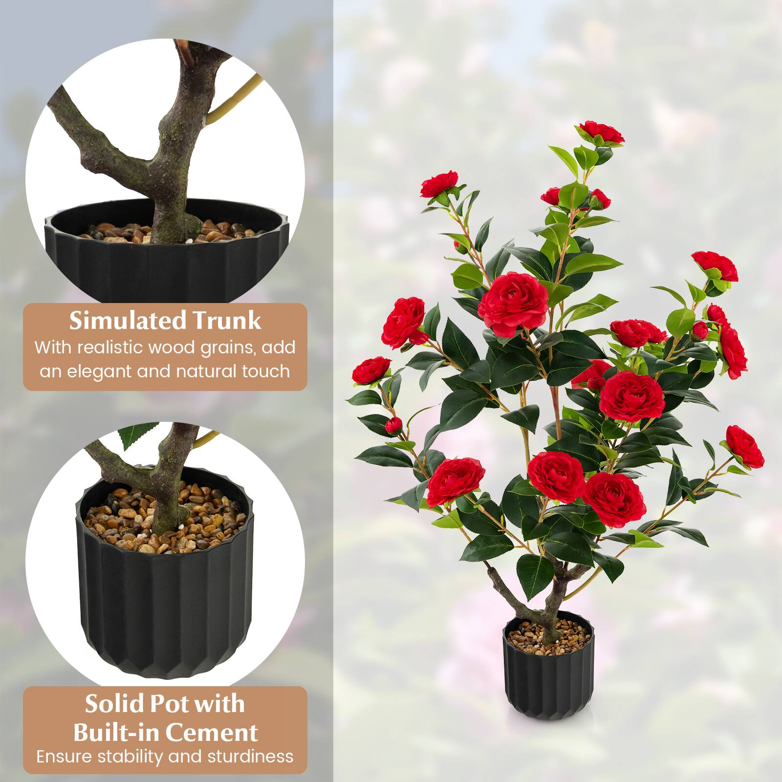 Simulated Trunk  
With realistic wood grains, add an elegant and natural touch  

Solid Pot with Built-in Cement  
Ensure stability and sturdiness