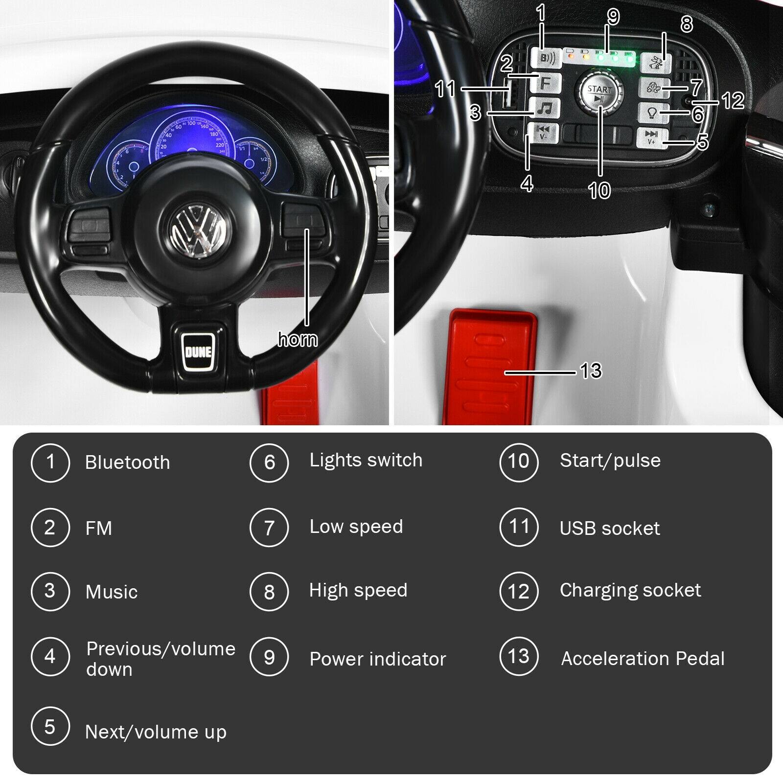 The text on the image can be grouped and corrected as follows:

1. Bluetooth
2. Lights switch
3. Start/pulse
4. FM
5. Low speed
6. USB socket
7. Music
8. High speed
9. Charging socket
10. Previous/volume
11. Power indicator
12. Acceleration Pedal
13. Next/volume up

The numbers in the image correspond to the items listed above, and they are grouped according to their function or category.