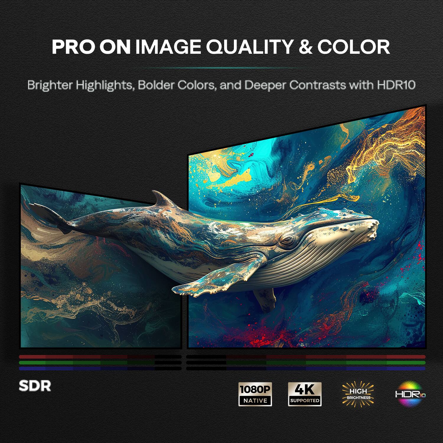 PRO ON IMAGE QUALITY & COLOR

Brighter Highlights, Bolder Colors, and Deeper Contrasts with HDR10

SDR

1080P NATIVE

4K SUPPORTED

HIGH BRIGHTNESS

HDR10