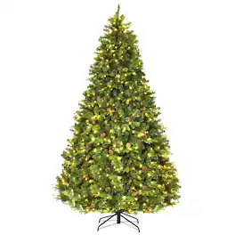 Costway - 8 ft Pre-Lit Artificial Christmas Tree Hinged with 600 Warm White LED Lights - Green