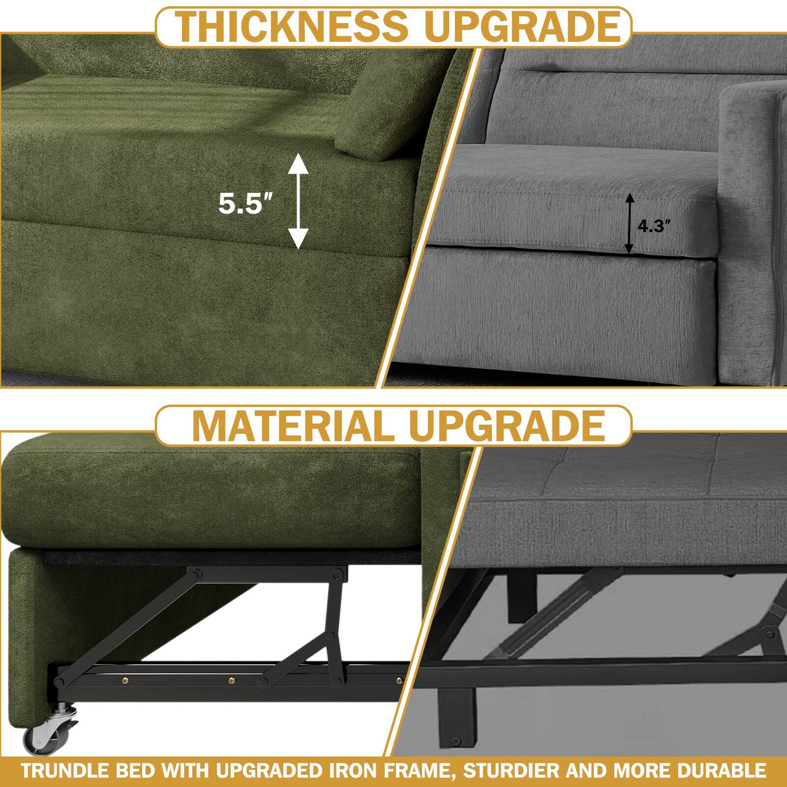 **Thickness Upgrade:**
- 5.5" (Green)
- 4.3" (Gray)

**Material Upgrade:**
- Trundle bed with upgraded iron frame, sturdier and more durable