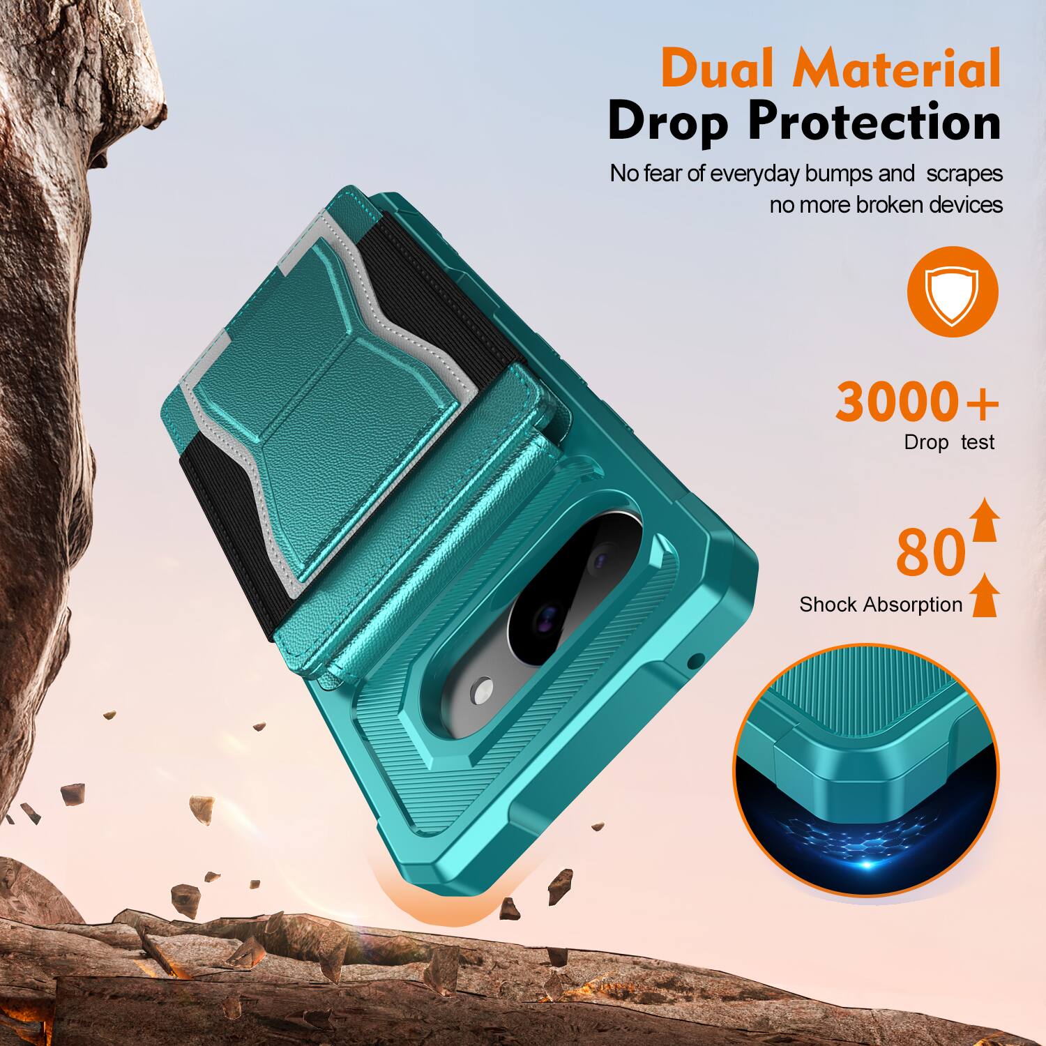 Dual Material Drop Protection  
No fear of everyday bumps and scrapes, no more broken devices  

3000+ Drop test  
80 Shock Absorption