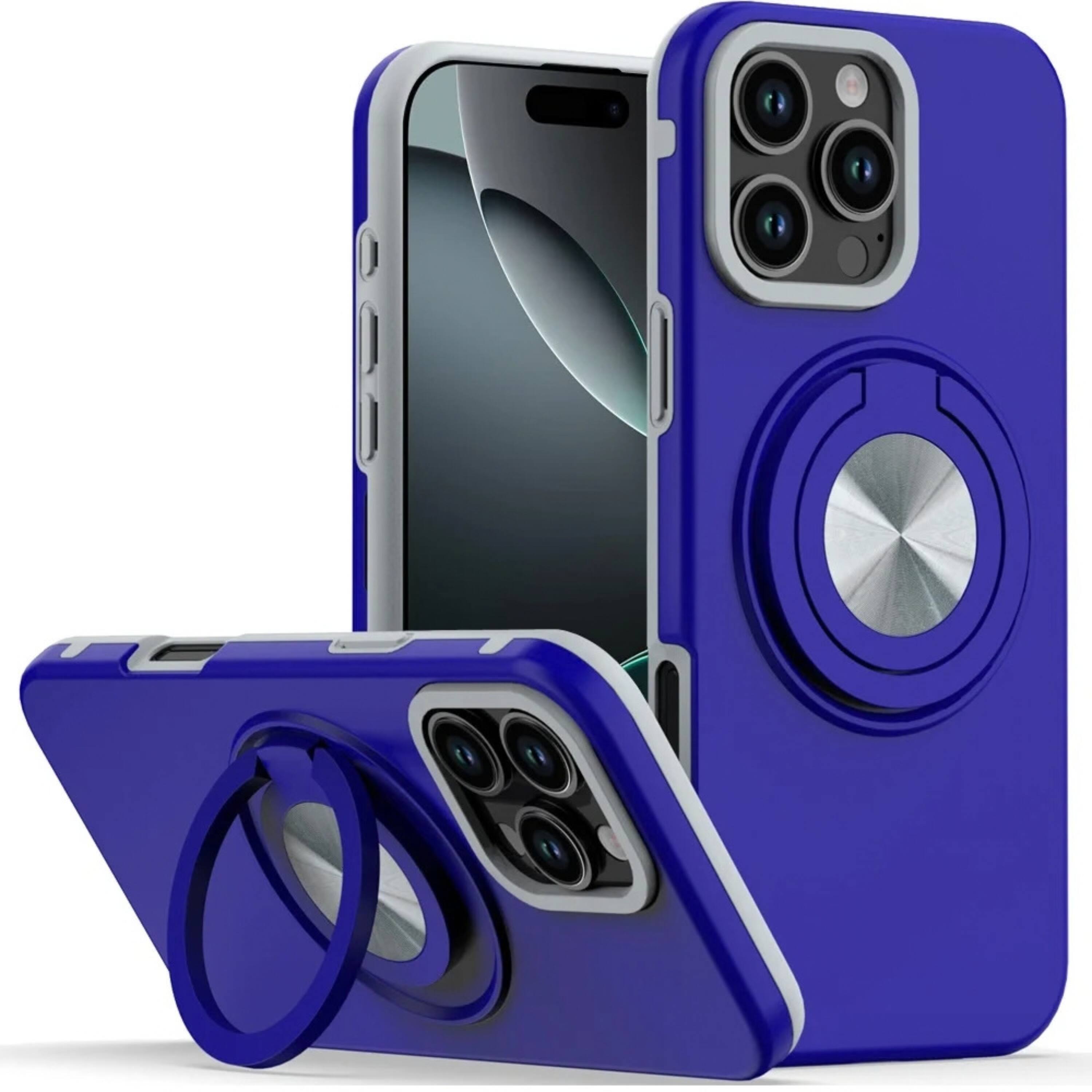 Front. Kitcheniva - Solid Rugged Shockproof 360 Degree Ring Stand Phone Case With Tempered Glass For iPhone 16 Pro Max Blue - Blue.
