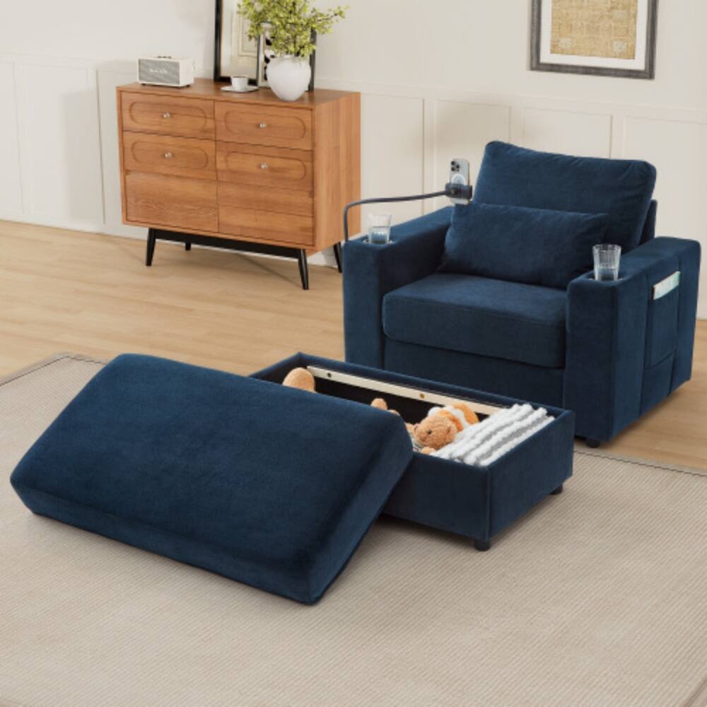 Left. LUCKY ONE - 42.5" Modern Chaise Lounge Armchair Sofa w/ Storage Ottoman USB Cup Holders Phone Holder - Blue.