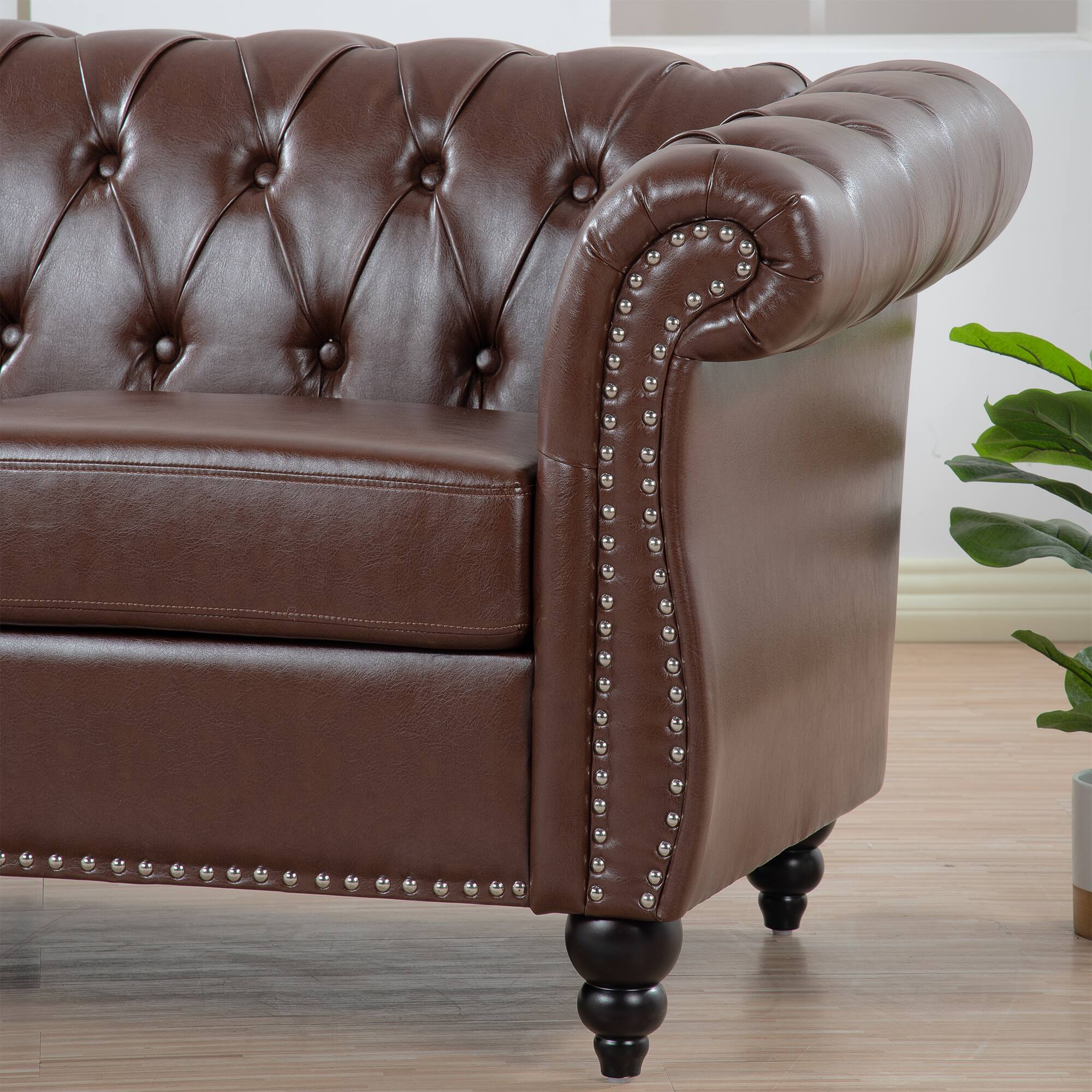 Alt View 2. Anysun - 84" Faux Leather 3-Seat Chesterfield Sofa - Rolled Arm, Deep Seating, Button Tufted for Living Room & Office - Dark Brown.