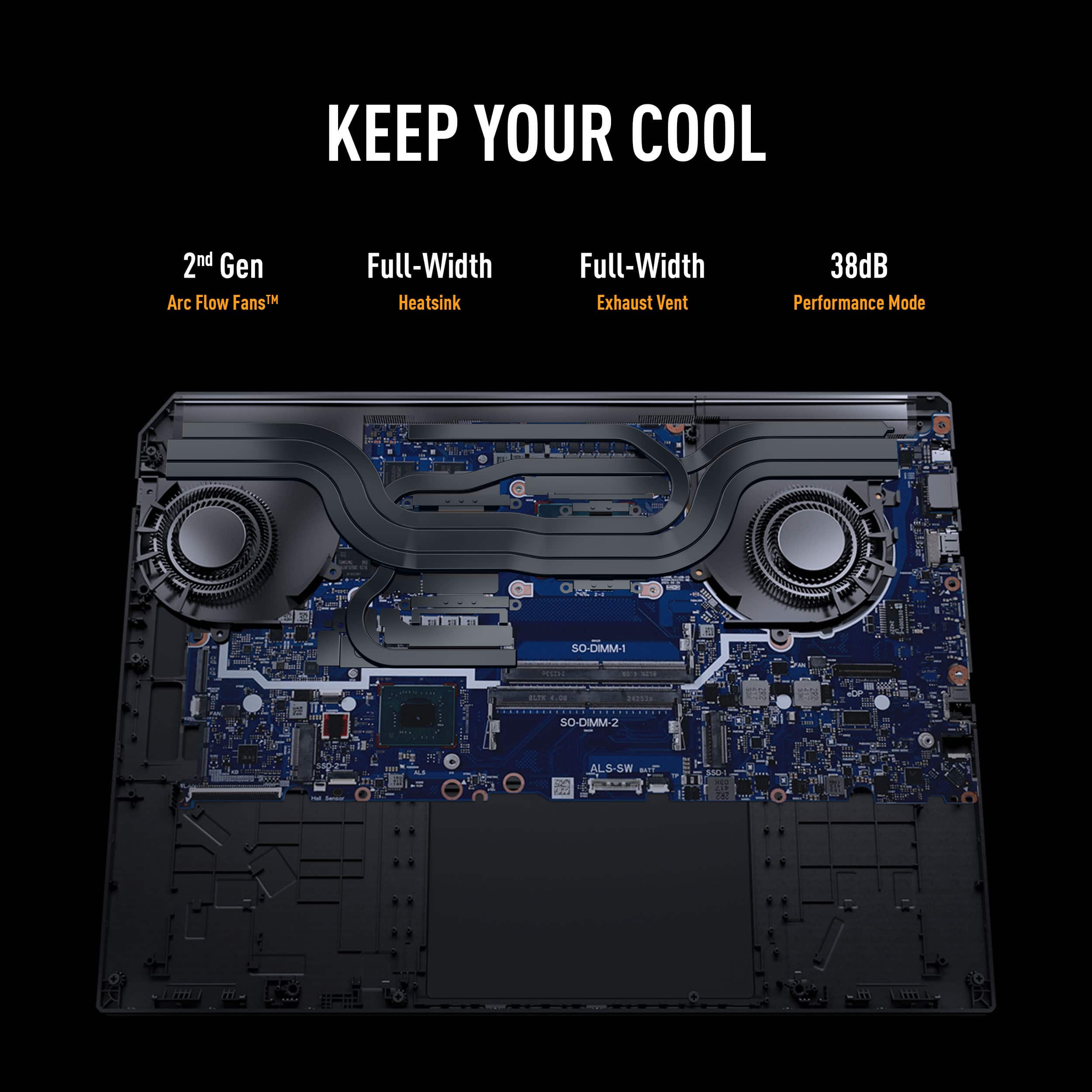 Keep Your Cool 2nd Gen Arc Flow Fans, Full-Width Heatsink, Full-Width Exhaust Vent, 38dB Performance Mode, SO-DIMM.