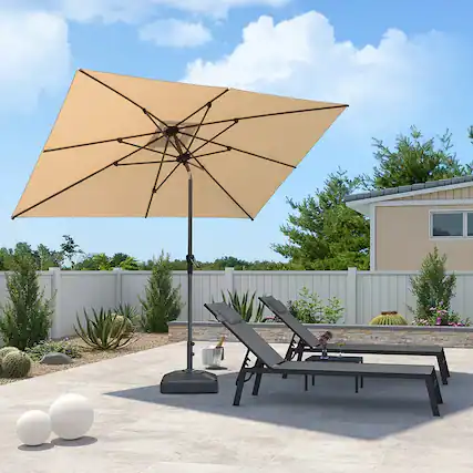 Front. PURPLE LEAF - 6.5' X 10' Rectangle Patio Market Umbrella with Base Outdoor Table Umbrella Tilt Aluminum Frame Sun Shade for Garden - Beige.