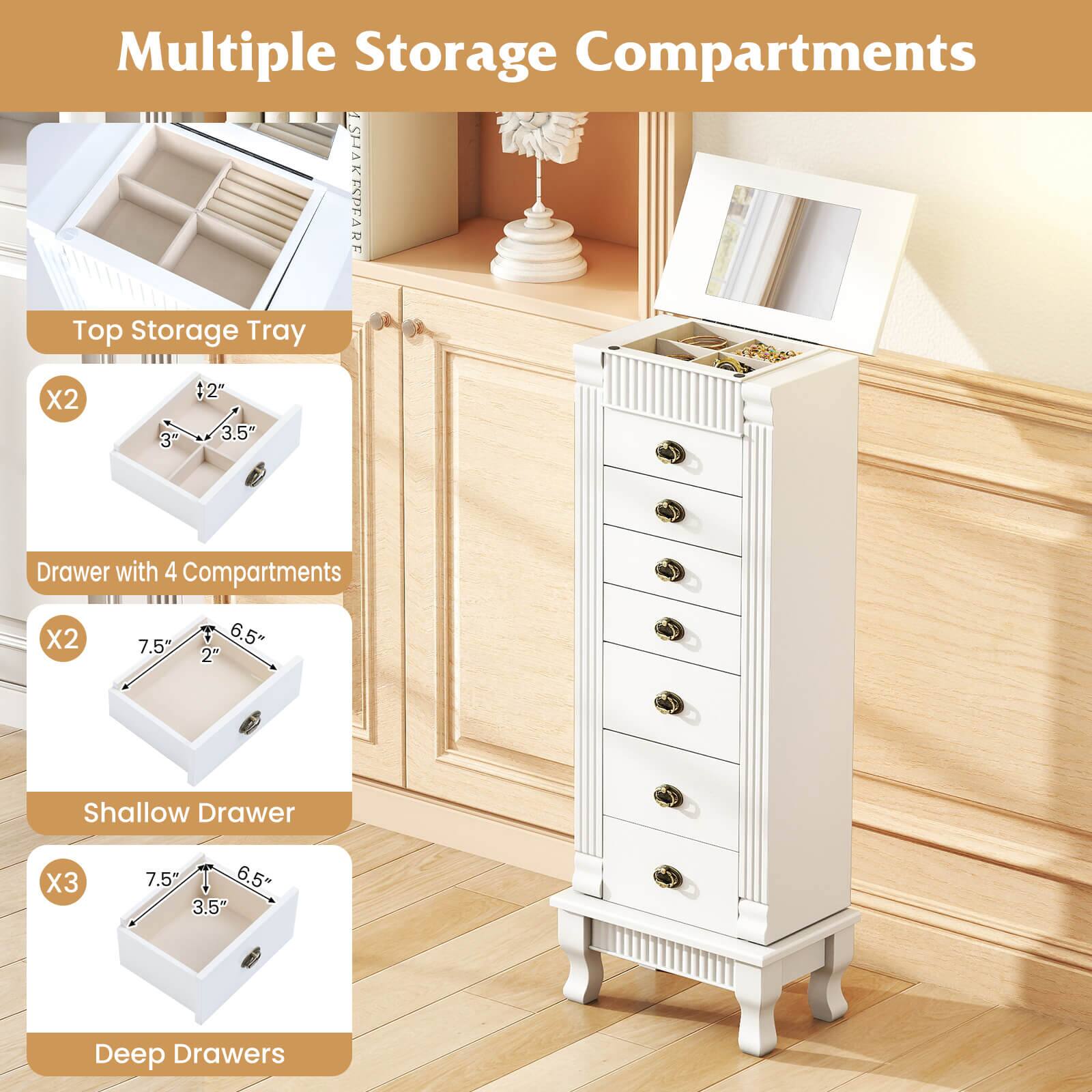 Multiple Storage Compartments

- Top Storage Tray
  - X2
  - 3" x 3.5" x 12"

- Drawer with 4 Compartments
  - X2
  - 7.5" x 6.5" x 2"

- Shallow Drawer
  - X3
  - 7.5" x 6.5" x 3.5"

- Deep Drawers