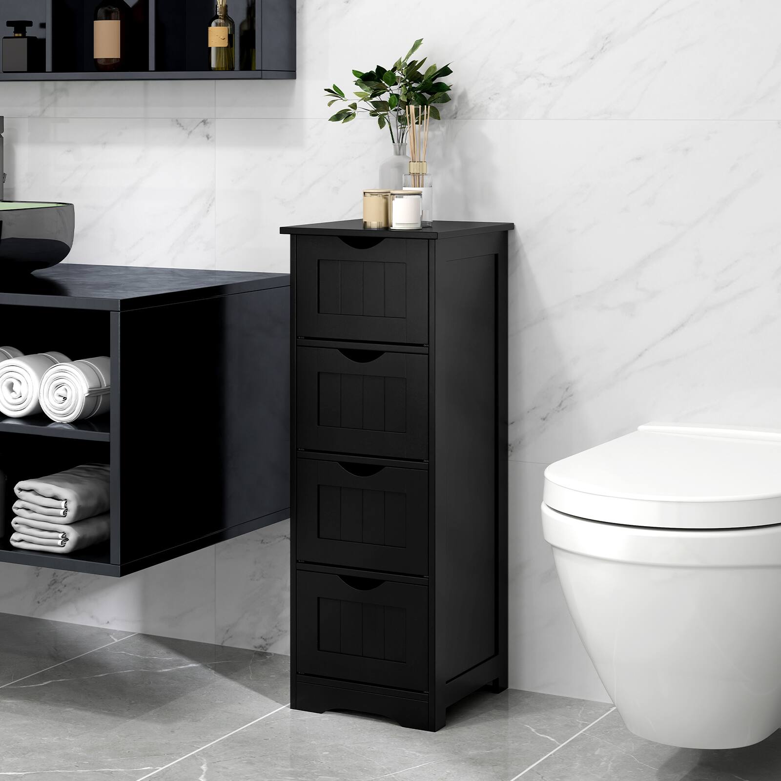 Alt View 7. Gymax - Gymax Bathroom Floor Cabinet Freestanding Narrow Side Storage Organizer w/ 4 Drawers - Black.