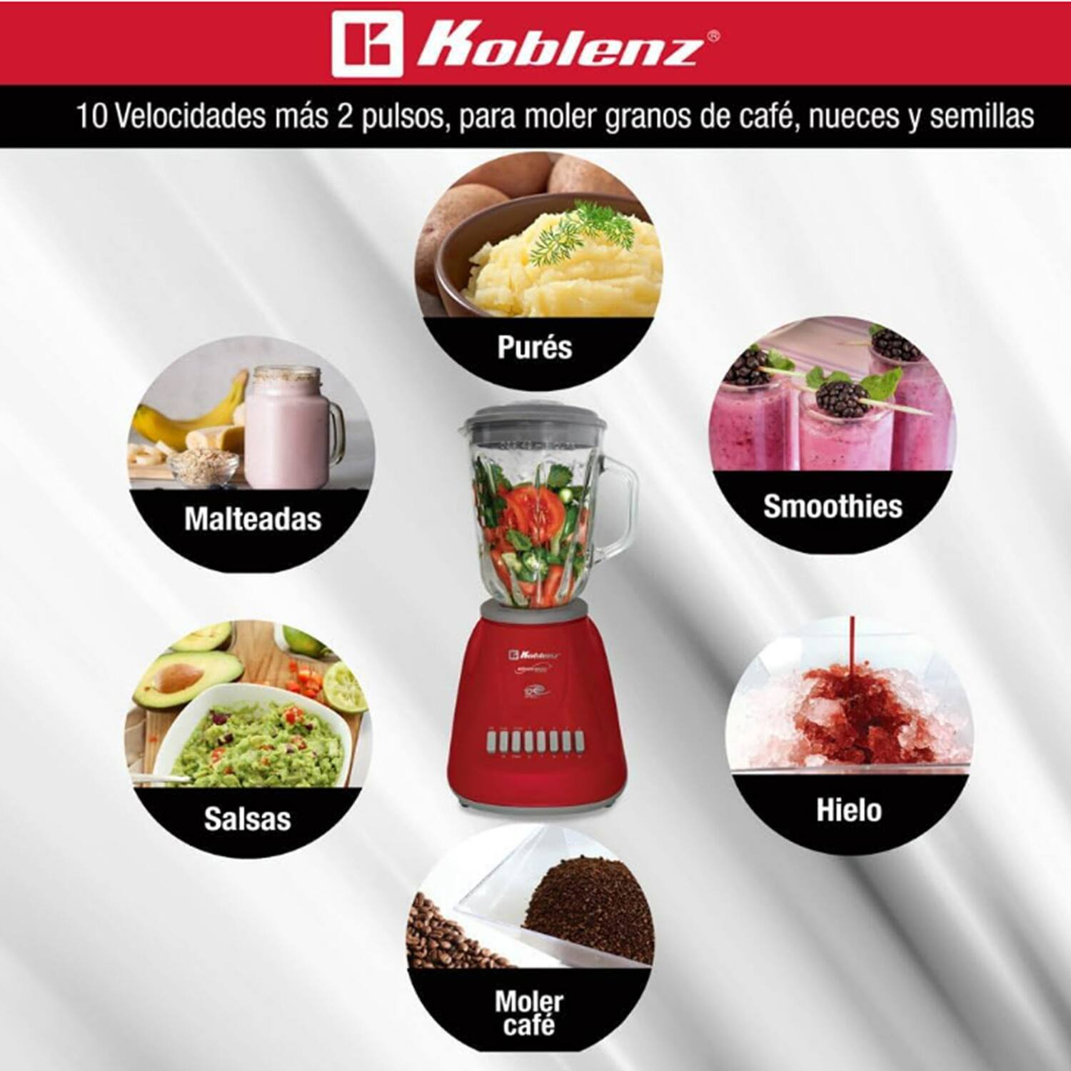 Koblenz

10 Velocidades más 2 pulsos, para moler granos de café, nueces y semillas

- Purés
- Malteadas
- Smoothies
- Salsas
- Hielo
- Moler café