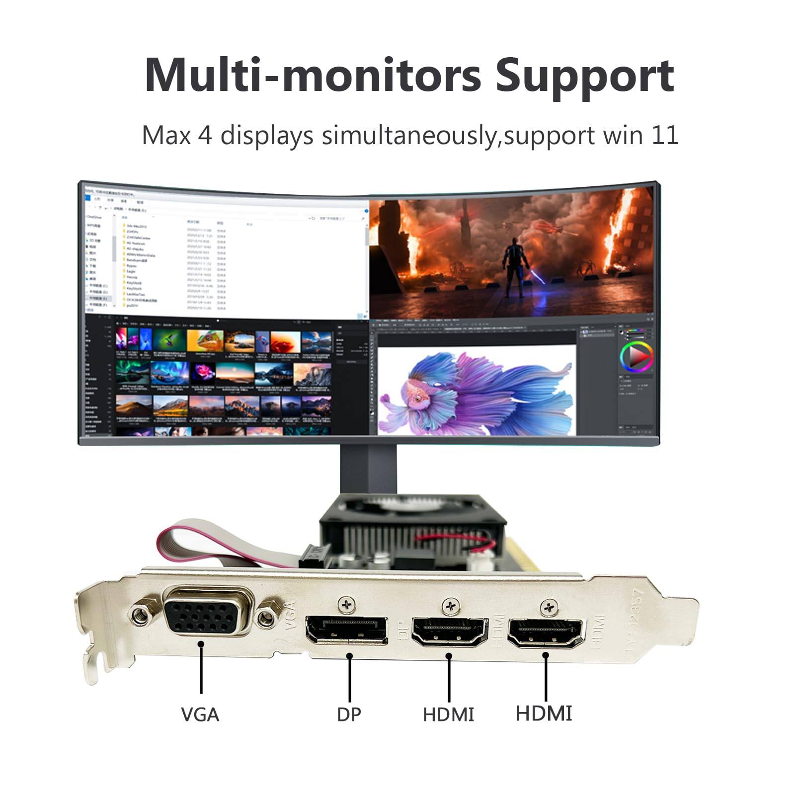 Multi-monitors Support  
Max 4 displays simultaneously, support win 11  
VGA DP HDMI HDMI