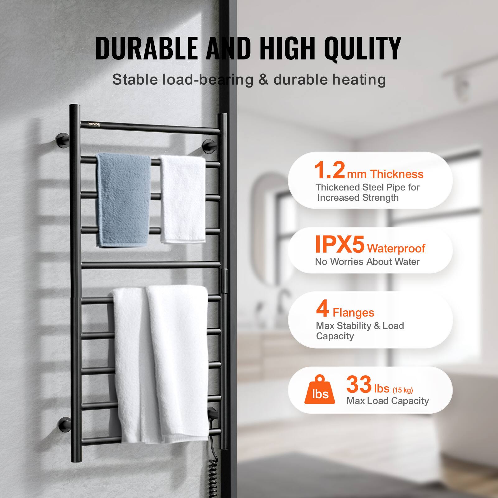 DURABLE AND HIGH QUALITY  
Stable load-bearing & durable heating  

1.2 mm Thickness  
Thickened Steel Pipe for Increased Strength  

IPX5 Waterproof  
No Worries About Water  

4 Flanges  
Max Stability & Load Capacity  

33 lbs (15 kg)  
Max Load Capacity