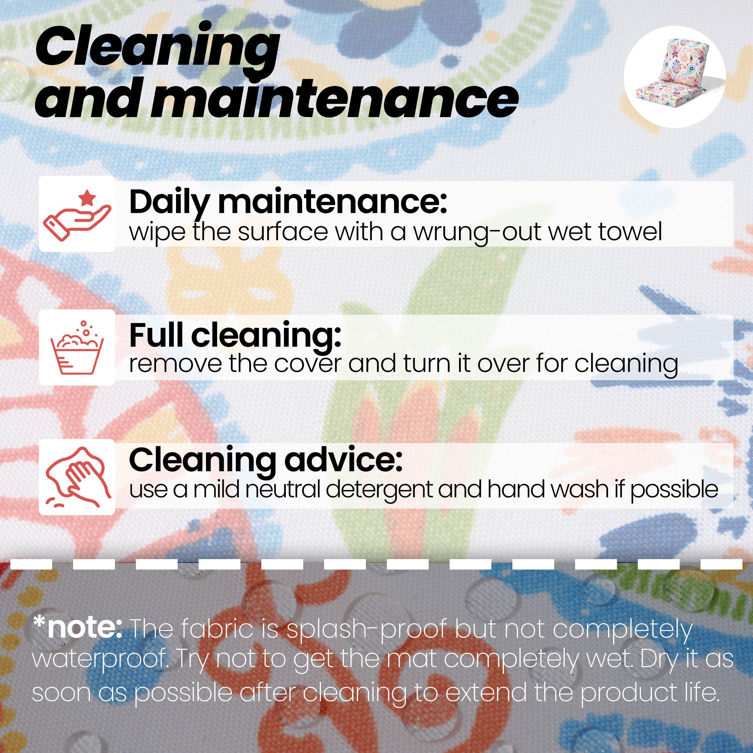Cleaning and maintenance:

Daily maintenance:
- Wipe the surface with a wrung-out wet towel

Full cleaning:
- Remove the cover and turn it over for cleaning

Cleaning advice:
- Use a mild neutral detergent and hand wash if possible

*Note: The fabric is splash-proof but not completely waterproof. Try not to get the mat completely wet. Dry it as soon as possible after cleaning to extend the product life.