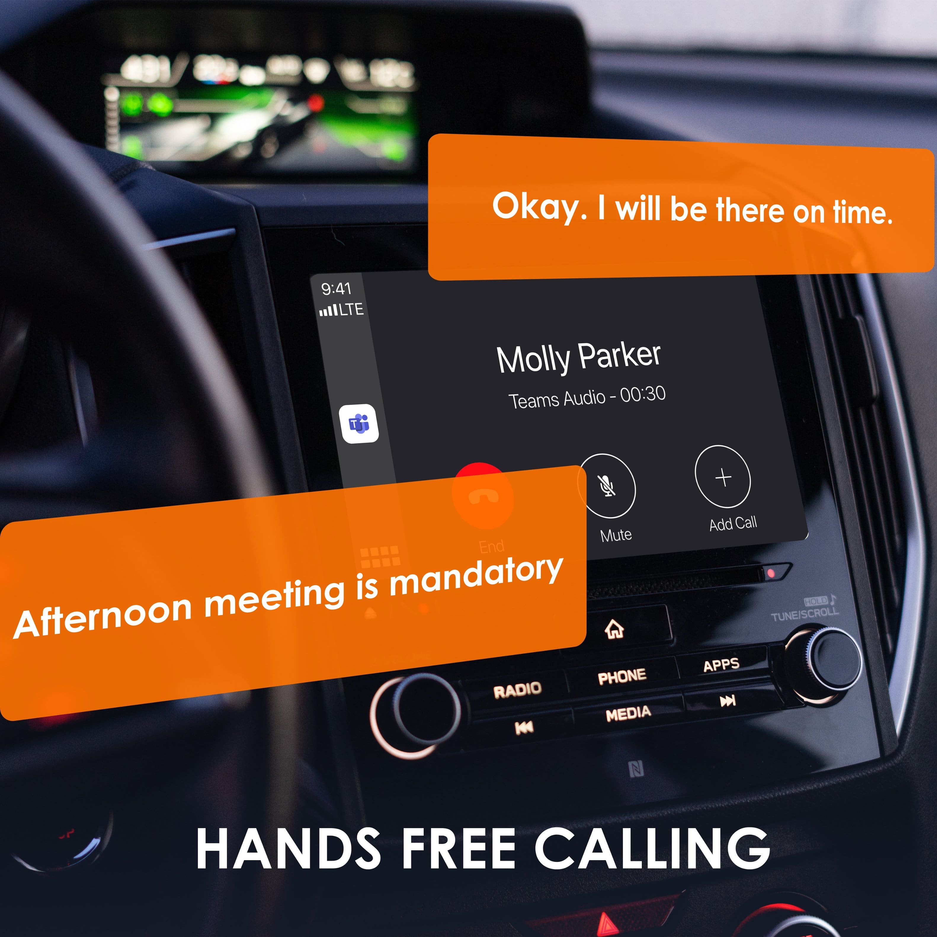 Okay. I will be there on time.
9:41 IILTE Molly Parker Teams Audio 00:30 + Mute End is mandatory Afternoon meeting PHONE RADIO MEDIA H Add Call -E : TUNE/SCROLL APPS HANDS FREE CALLING