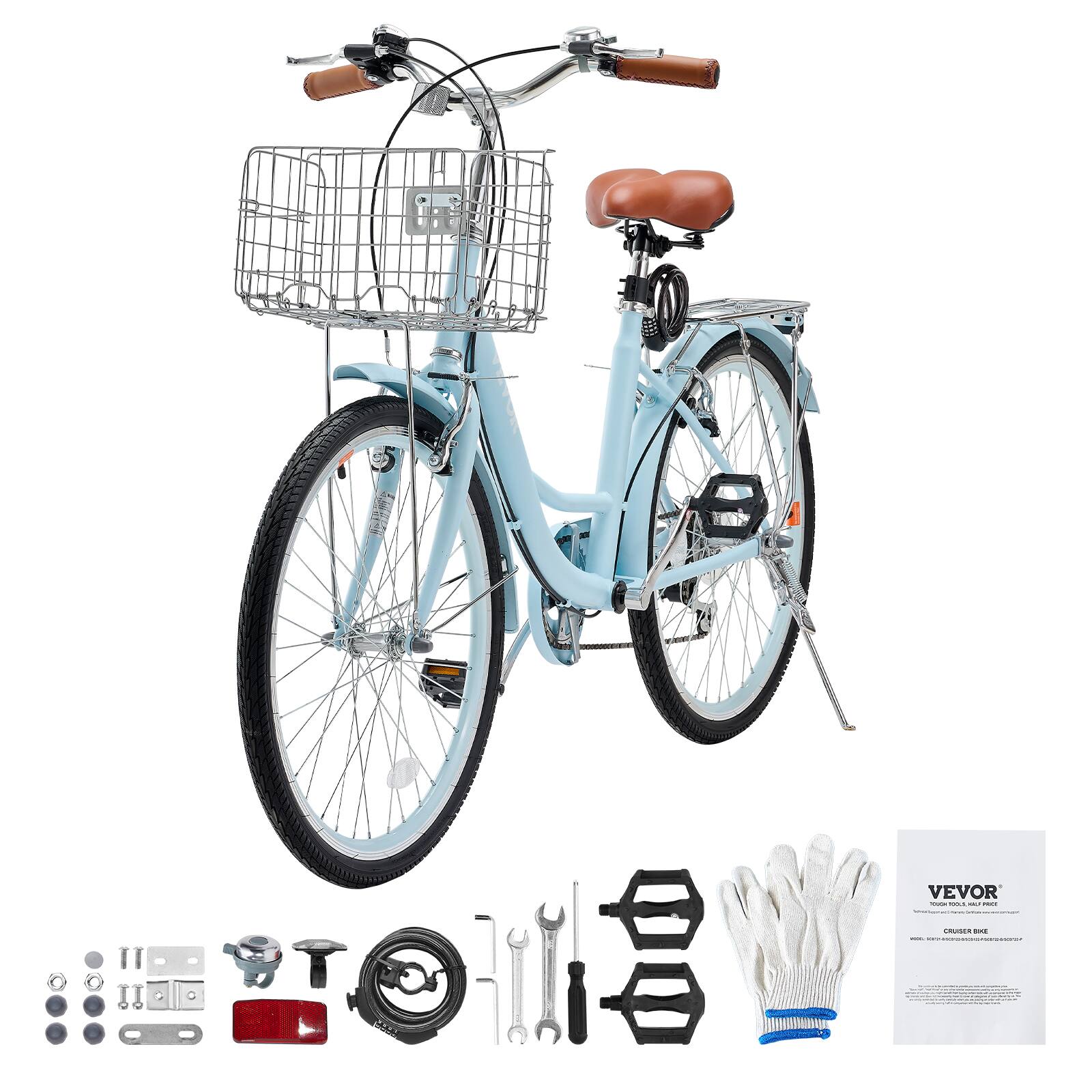 Alt View 5. VEVOR - Cruiser Bike, 7-Speed, 24-Inch Light Blue Beach Cruiser Bike with Large Capacity Basket and Rear Rack - Blue.