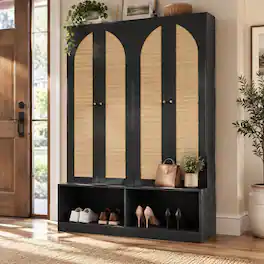 RYHNUYNE - 55.1 in Farmhouse Hall Tree, 4-in-1 Entryway Bench and Shoe Cabinet, Rattan Doors, 6 Hooks, Adjustable Shelves - Black