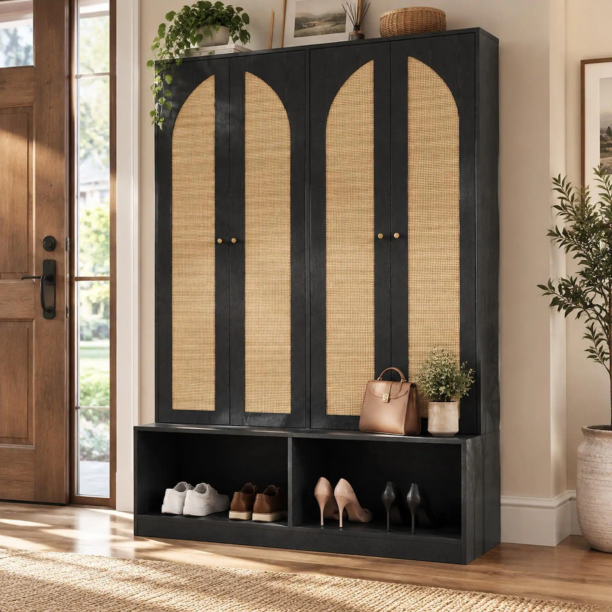 Front. RYHNUYNE - 55.1 in Farmhouse Hall Tree, 4-in-1 Entryway Bench and Shoe Cabinet, Rattan Doors, 6 Hooks, Adjustable Shelves, Black - Black.