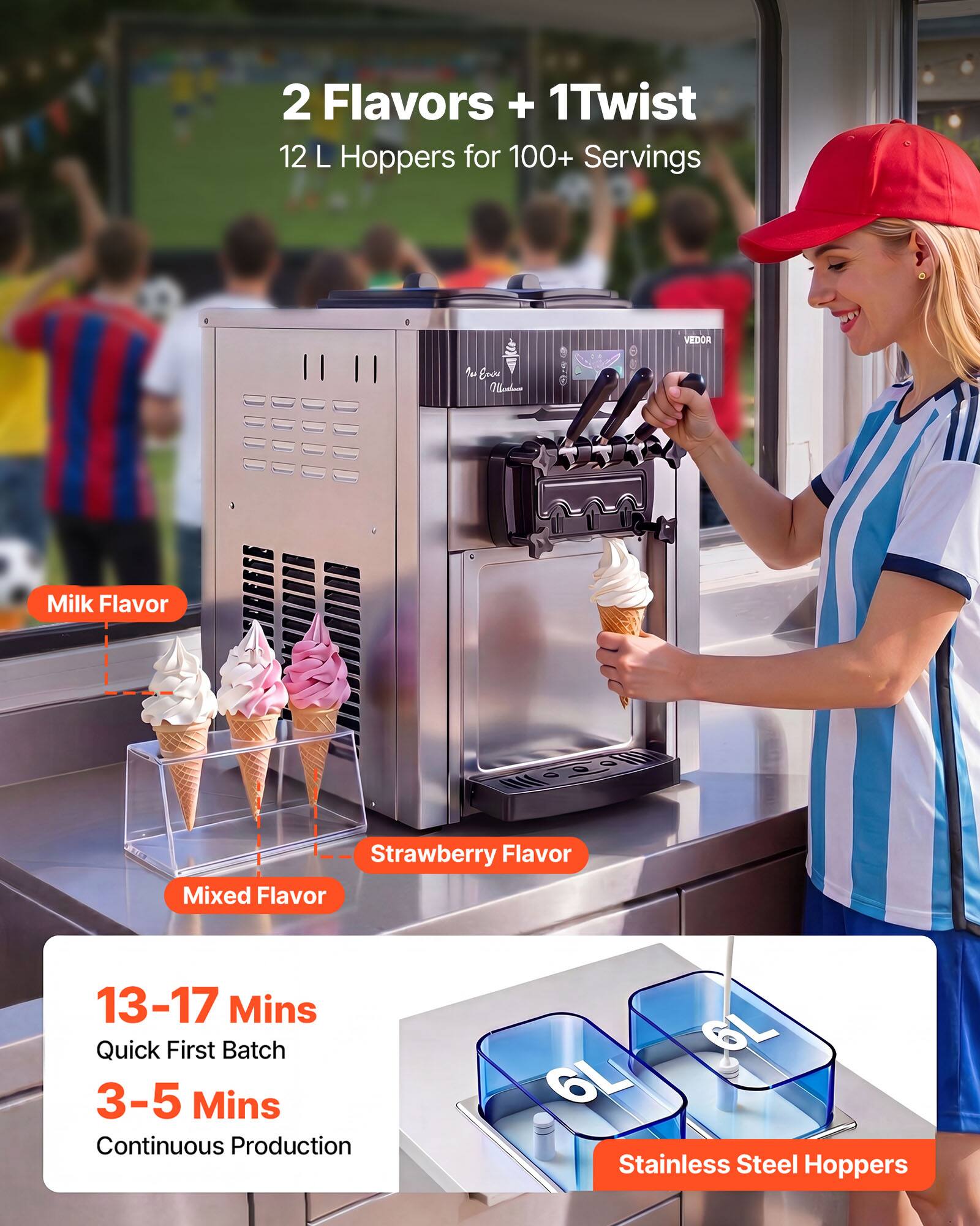 2 Flavors + 1Twist  
12 L Hoppers for 100+ Servings  

Milk Flavor  
Strawberry Flavor  
Mixed Flavor  

13-17 Mins Quick First Batch  
3-5 Mins Continuous Production  

6L Stainless Steel Hoppers