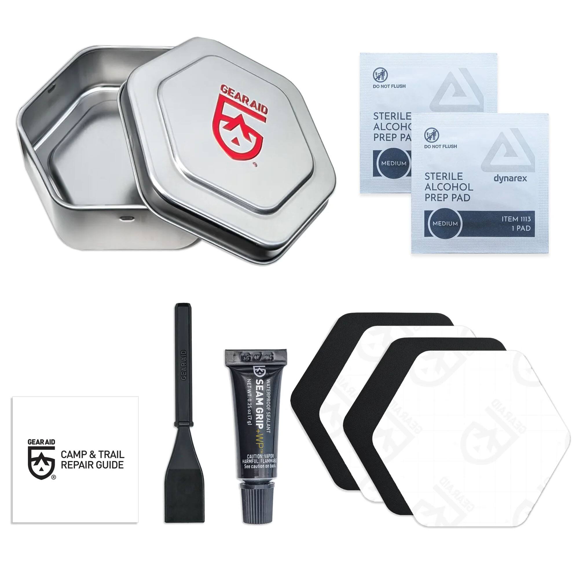 GEAR AID

DO NOT FLUSH

STERILE ALCOHOL PREP PAD

MEDIUM

dynarex

ITEM 1113

1 PAD

GEAR AID

CAMP & TRAIL REPAIR GUIDE

GEAR AID

SEAM WATERPROOF GRIP SEALANT

CAUTION

GEAR AID