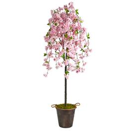 BreeBe - 6' Cherry Blossom Tree in Decorative Metal Pail with Rope - Pink, Green