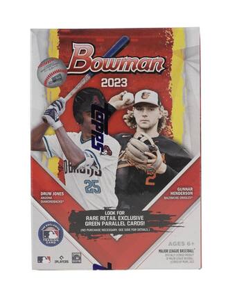 Bowman SCH9870200 2023 A soge OPPS eut Diai 2 25 HENDERSON GUNNAR DRUW JONES ARIZONA BALTIMORE ORIOLES DIAMONDBACKS THE EXCLUSIVE LOOK FOR RARE RETAIL EXCLUSIVE GREEN PARALLEL CARDS! (NO PURCHASE NECESSARY. SEE SIDE FOR DETAILS.) TRADING CARD PLAYERS COLLBTN AGES 6+ MAJOR LEAGUE BASEBALL OFFICIALLY LICENSED PRODUCT OF MAJOR LEAGUE BASEBALL LICENSED BY MLBPI, 2023