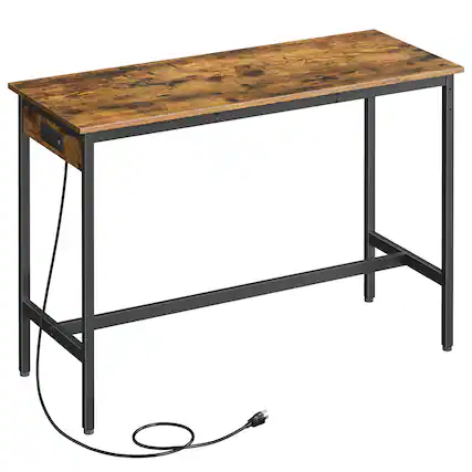 Front. Songmics Home - Bar Table, Narrow Long Kitchen Dining Table with Charging Station, Sturdy Metal Frame, 15.7 x 47.2 x 35.4 Inches - Rustic Brown and Ink Black.