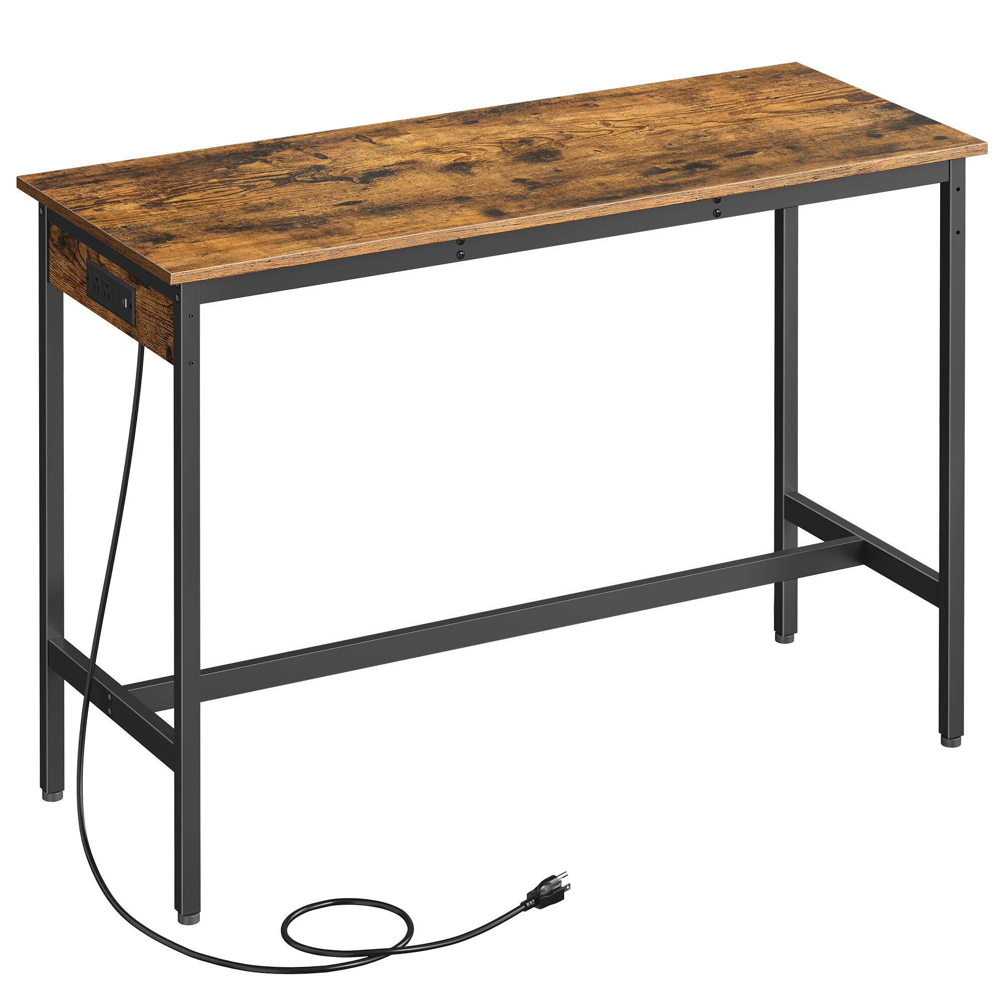 Front. Songmics Home - Bar Table, Narrow Long Kitchen Dining Table with Charging Station, Sturdy Metal Frame, 15.7 x 47.2 x 35.4 Inches - Rustic Brown and Ink Black.