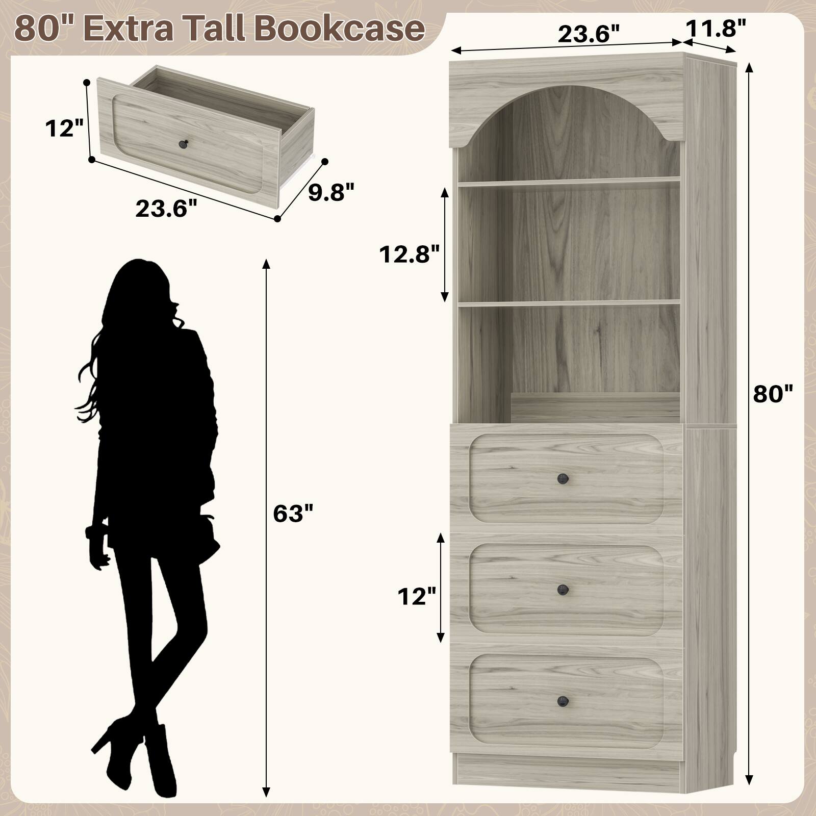 80" Extra Tall Bookcase  
23.6" x 11.8" x 12"  
9.8" x 12.8" x 80"  
63" x 12"
