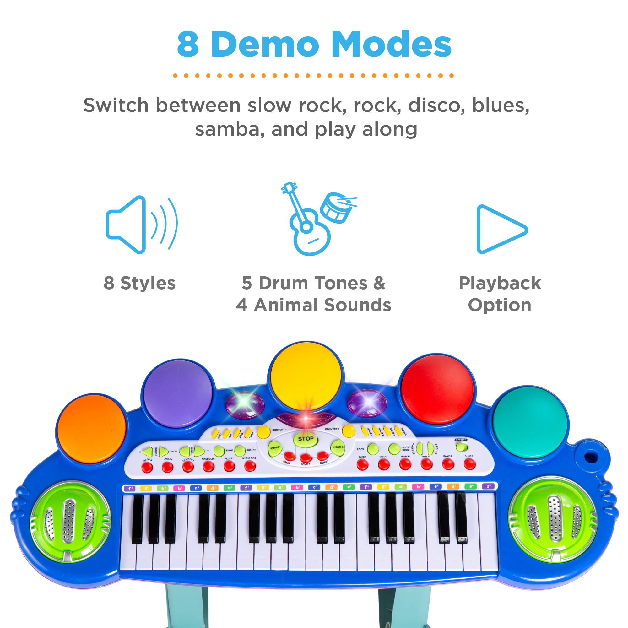 8 Demo Modes  
Switch between slow rock, rock, disco, blues, samba, and play along  

8 Styles  
5 Drum Tones & 4 Animal Sounds  
Playback Option