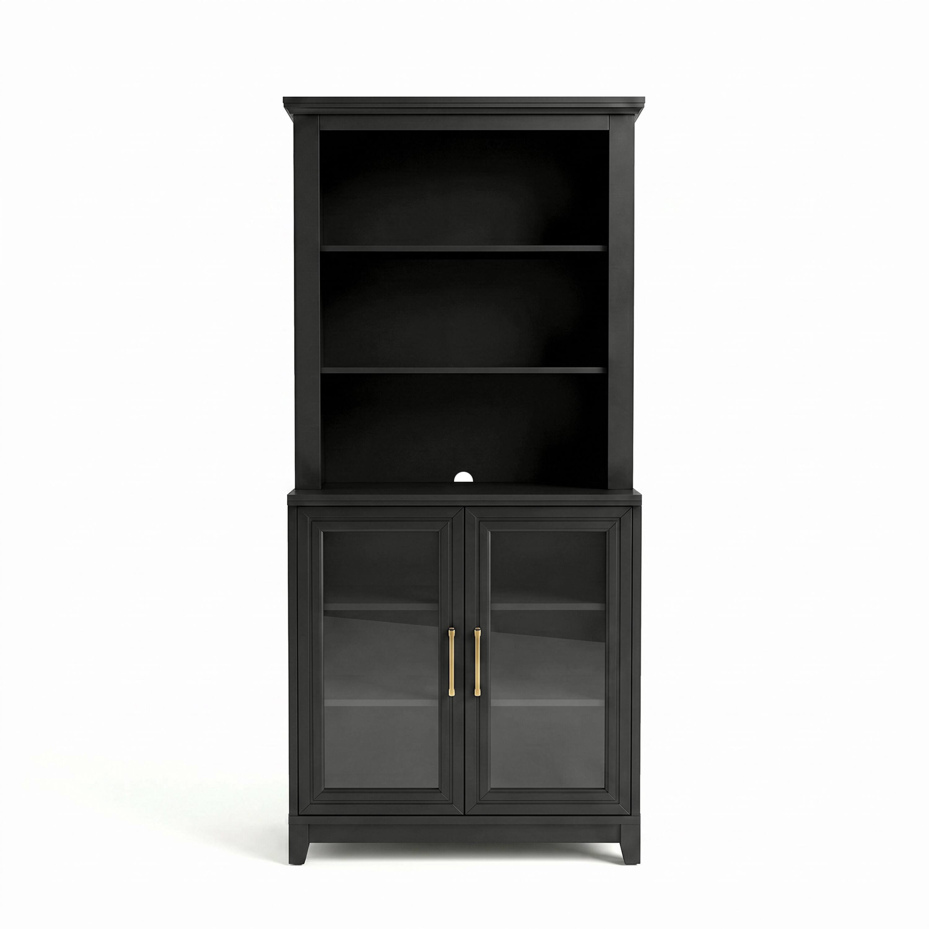 Alt View 1. Martha Stewart - Bedford Modular Cabinet and Hutch Set, Premium Hardware, Open Top Shelves, Soft-Close Glass Doors - Black Frame/Gold Hardware.