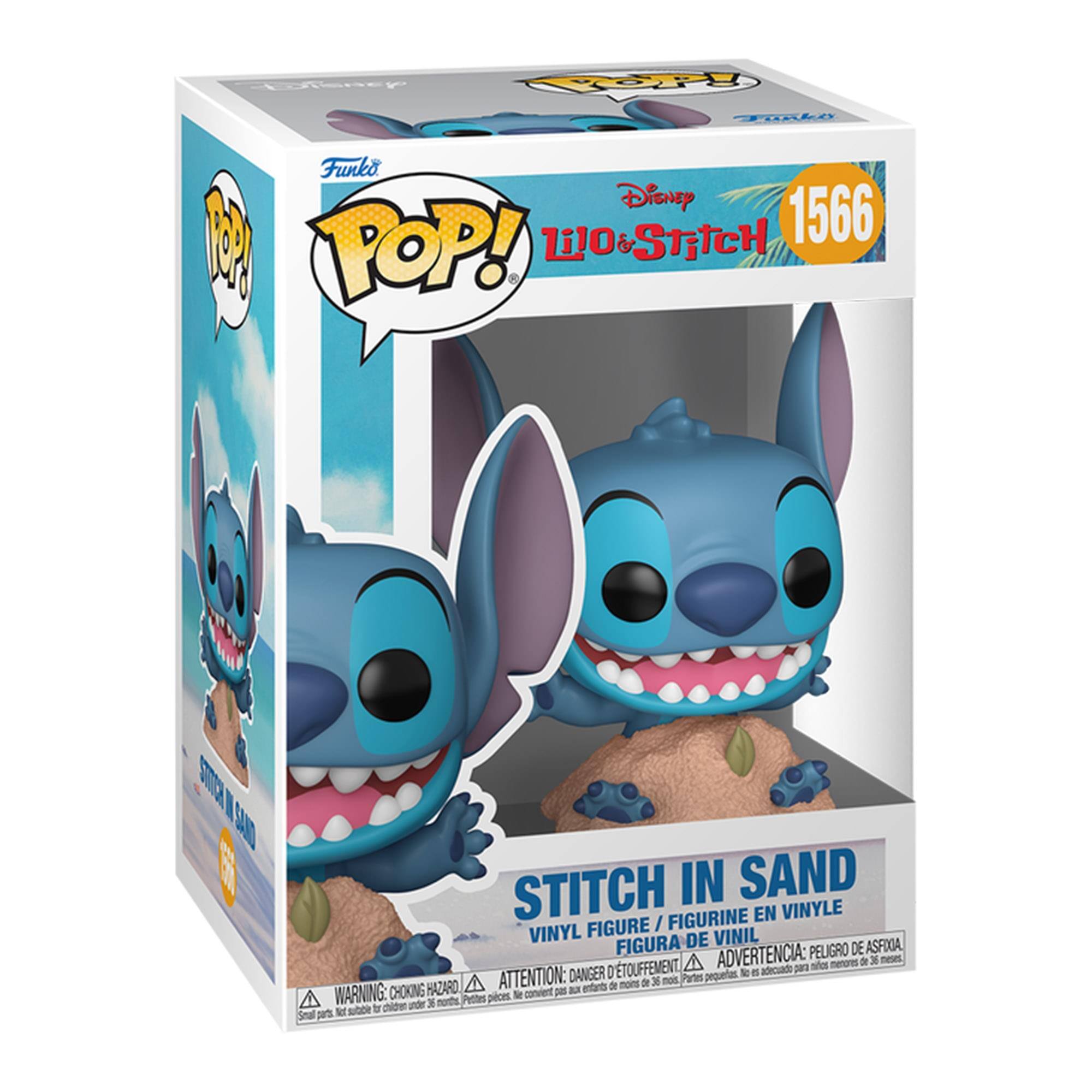 Sure, here is the corrected and grouped text from the image:

---

**Top Left:**
- Funko POP!

**Top Center:**
- Disney Lilo & Stitch
- 1566

**Center:**
- STITCH IN SAND

**Bottom Center:**
- VINYL FIGURE / FIGURINE EN VINYLE
- FIGURA DE VINIL
- FIGURA DE VINIL

**Bottom Left:**
- WARNING: CHOKING HAZARD - Small parts. Not for children under 3 years.
- ATTENTION: PELIGRO DE ASFIXIA - Piezas pequeñas. No conviene para menores de 3 años.
- ADVERTENCIA: PELIGRO DE ASFIXIA - Partes pequeñas. No conviene para menores de 3 años.

**Bottom Right:**
- FIGURA DE VINIL - PELIGRO DE ASFIXIA
- ATTENTION: DANGER - PELIGRO DE ASFIXIA - Parts may be a choking hazard to children under 3 years.

---