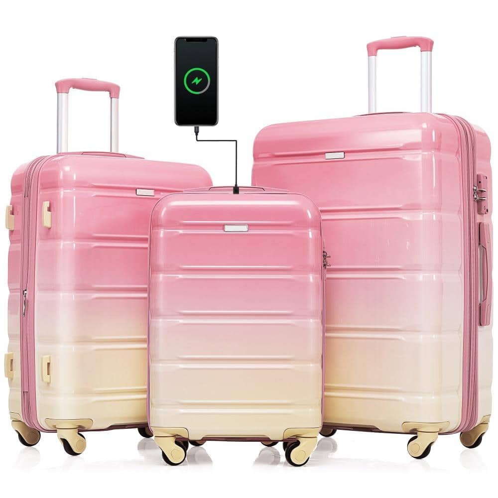 BreeBe - 3 Piece ABS+PC Hardshell Luggage Set with Spinner Wheels, 20'' Carry On Suitcase with USB Port, Airline Approved - Pink
