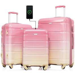 BreeBe - 3 Piece ABS+PC Hardshell Luggage Set with Spinner Wheels, 20'' Carry On Suitcase with USB Port, Airline Approved - Pink