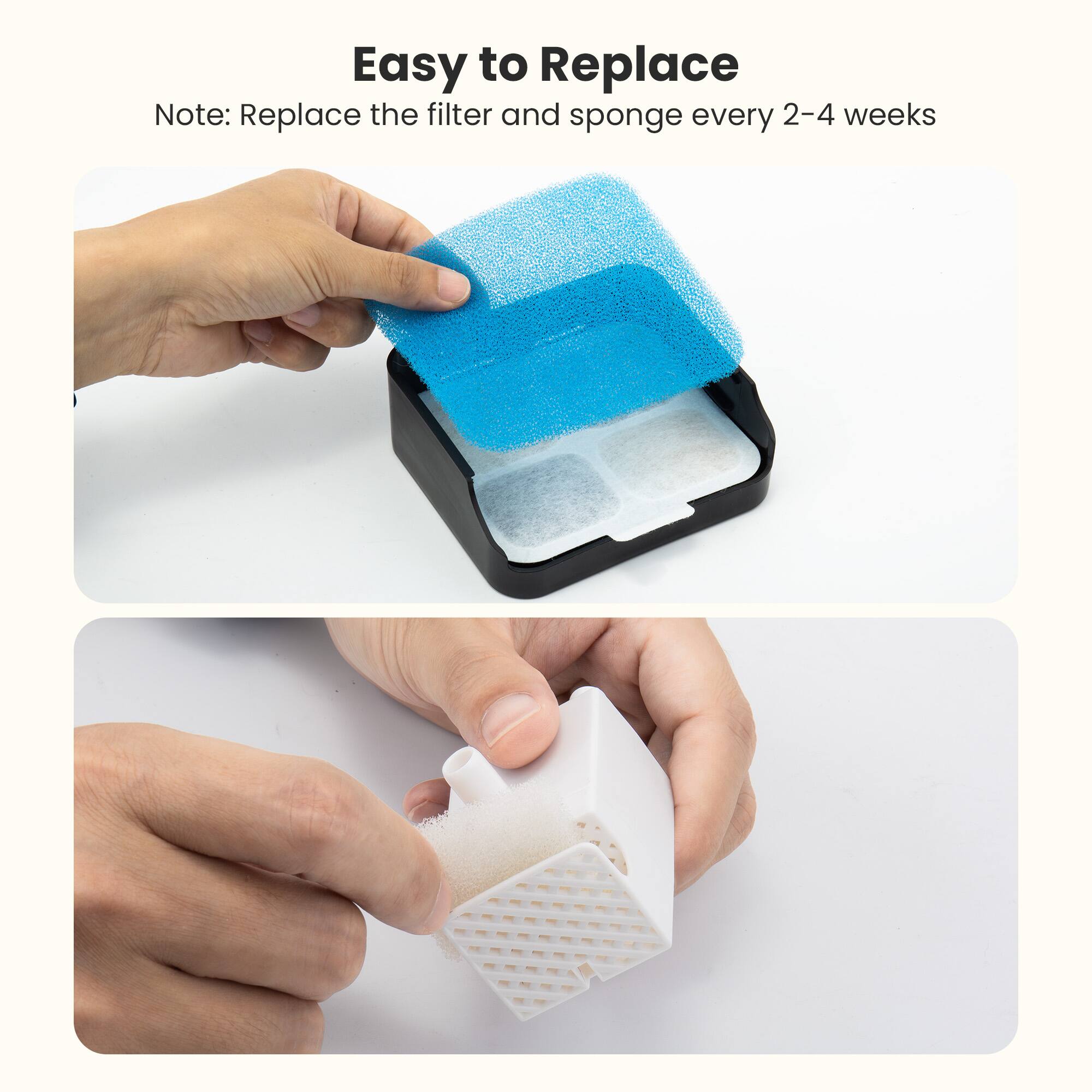 Easy to Replace

Note: Replace the filter and sponge every 2-4 weeks