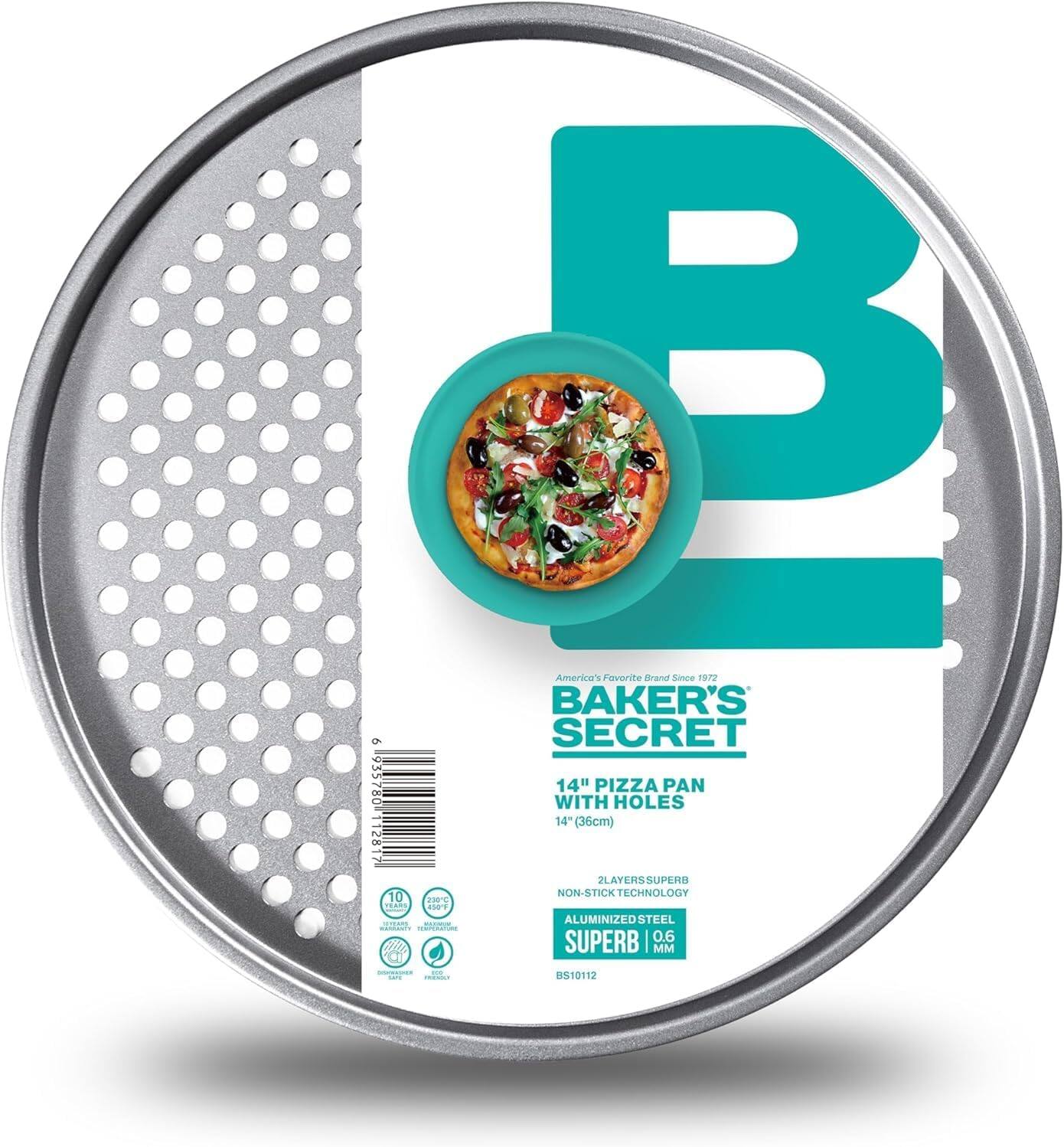 America's Favorite Brand Since 1972  
BAKER'S SECRET  
14" PIZZA PAN WITH HOLES  
14" (35cm)  

2 LAYERS SUPERB NON-STICK TECHNOLOGY  
ALUMINIZED STEEL  
SUPERB 0.6 MM  

BS10112  

6 9557801 12817