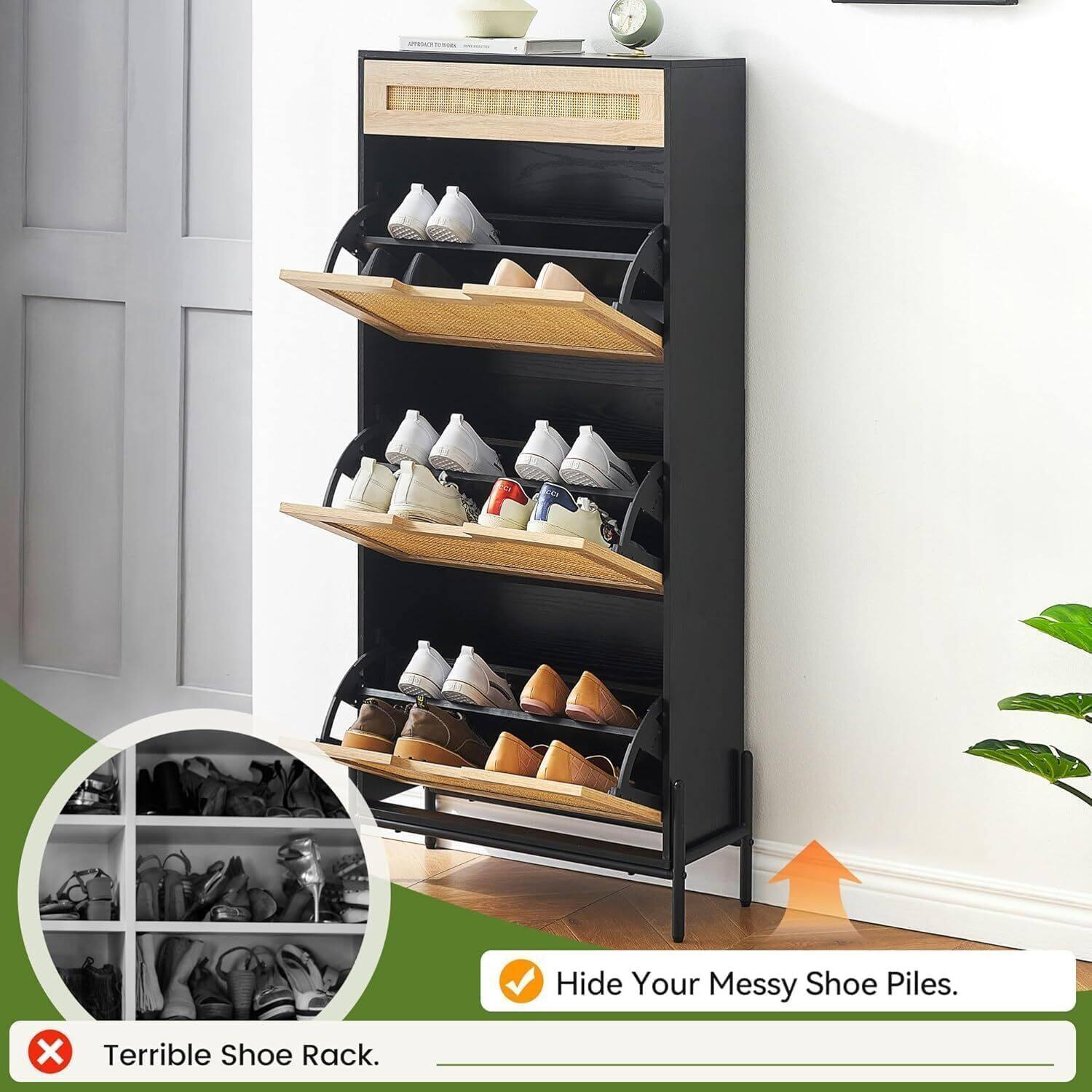 Hide Your Messy Shoe Piles.  
Terrible Shoe Rack.