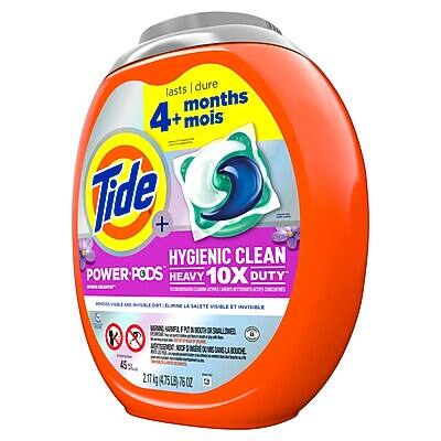 Lasts 4+ mois  
Tide +  
HYGIENIC CLEAN  
POWER-PODS  
HEAVY 10X DUTY  
ELIMINE LA SALETÉ VISIBLE ET INVISIBLE  
45 L  
217 kg (475 LB)  
76 OZ