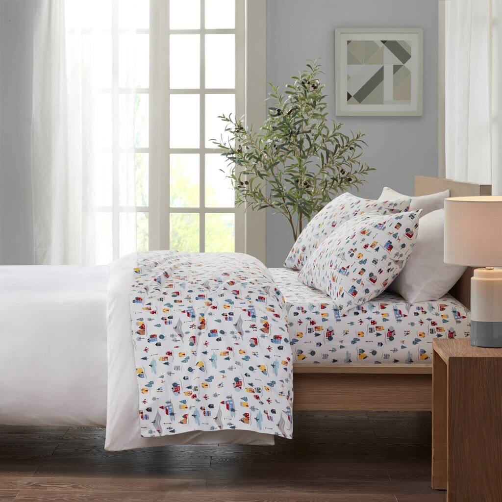 Alt View 1. Gracie Mills - Gracie Mills Persephone 4-Peice Cotton Flannel Sheet Set - White Village Print.