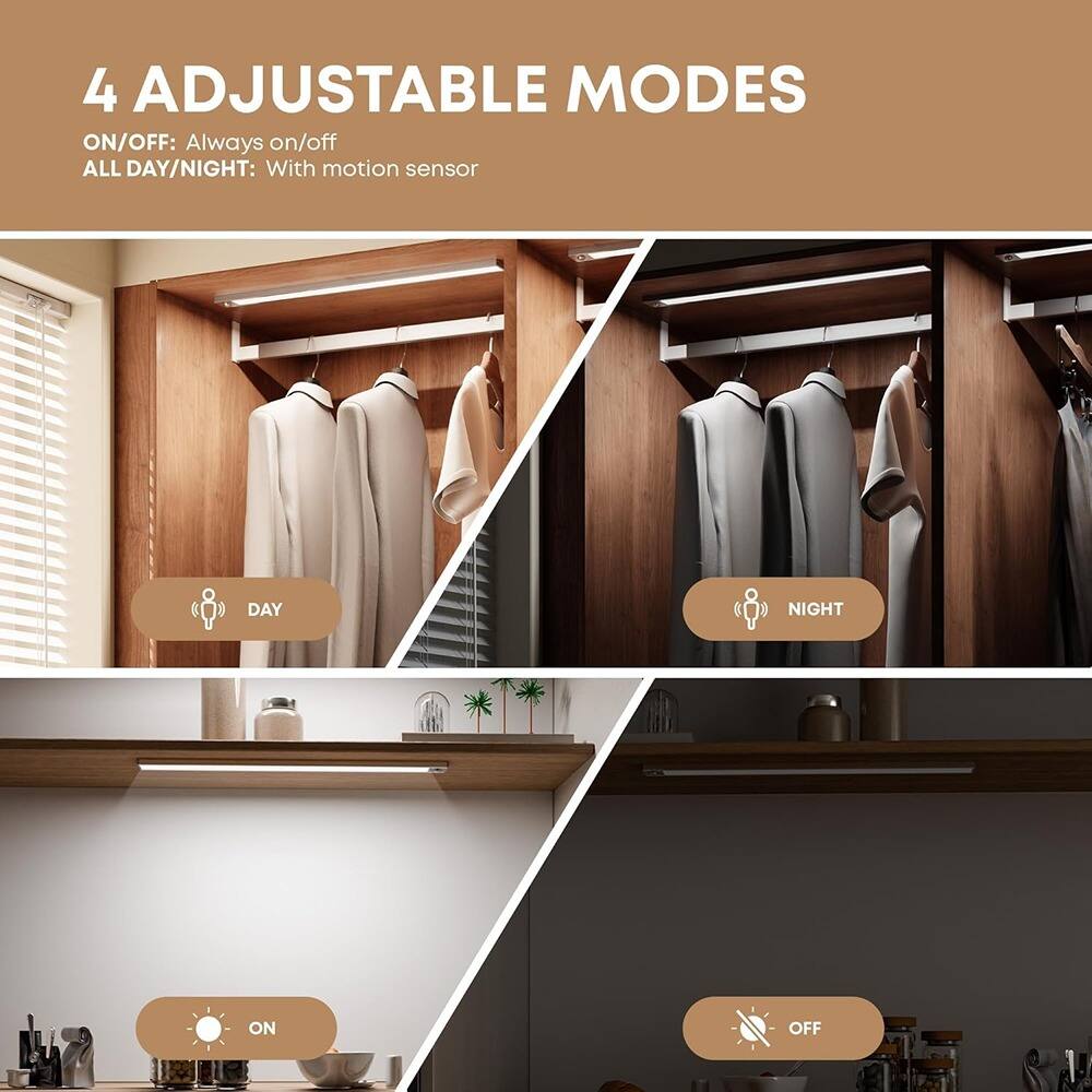 4 Adjustable Modes

ON/OFF: Always on/off  
ALL DAY/NIGHT: With motion sensor

- DAY
- NIGHT
- ON
- OFF