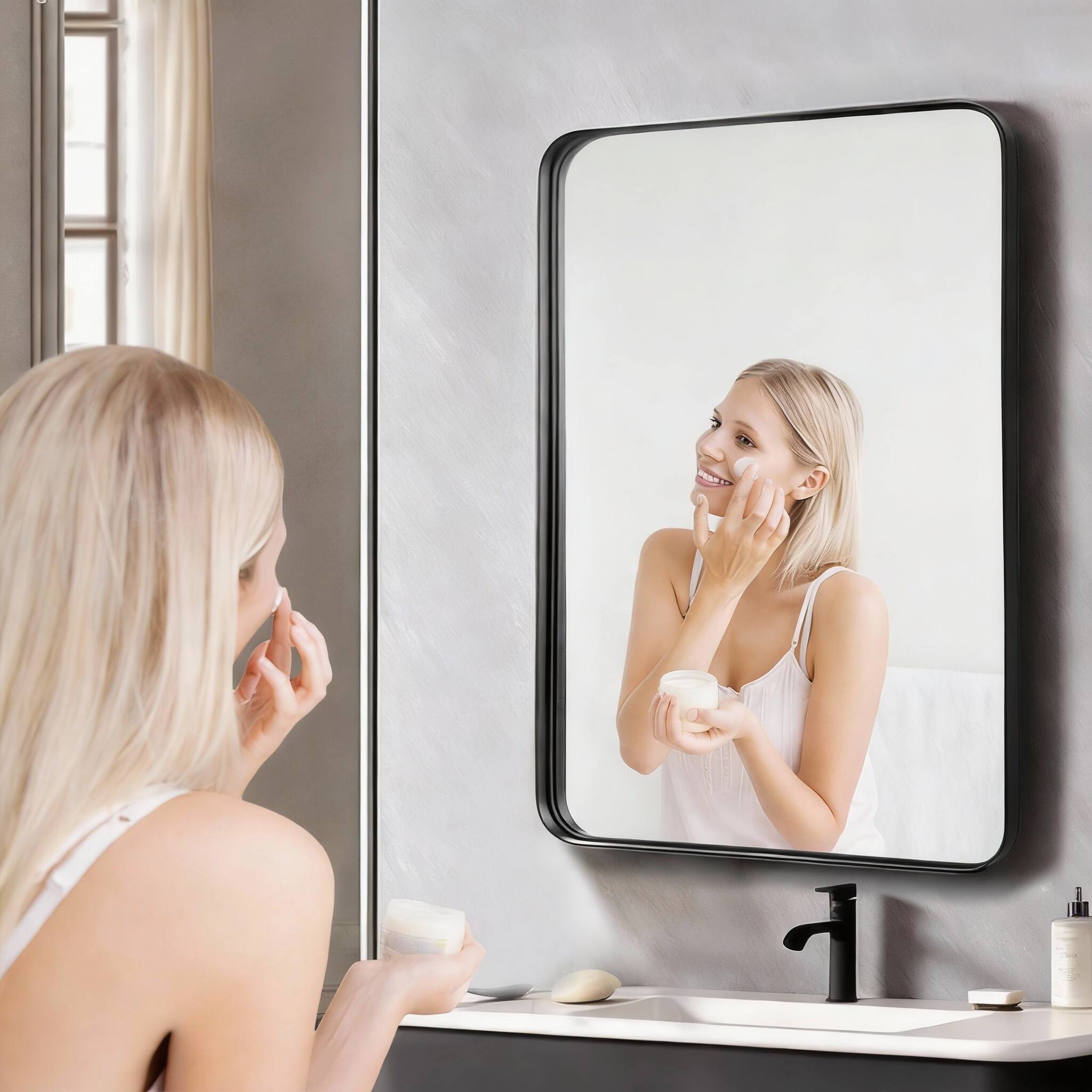 Back. METALTON - Bathroom Mirror Over Sink Framed Matte Vanity Wall Mounted Decor For Living Room Restroom Entryway Hangs Ve - Gold 24"L x 36"W.