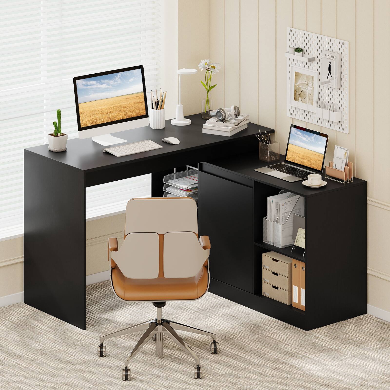 Alt View 4. Gymax - Gymax 48'' Reversible L-shaped Computer Desk w/2 Doors 4 Open Storage Cubes for Office Black - Black.