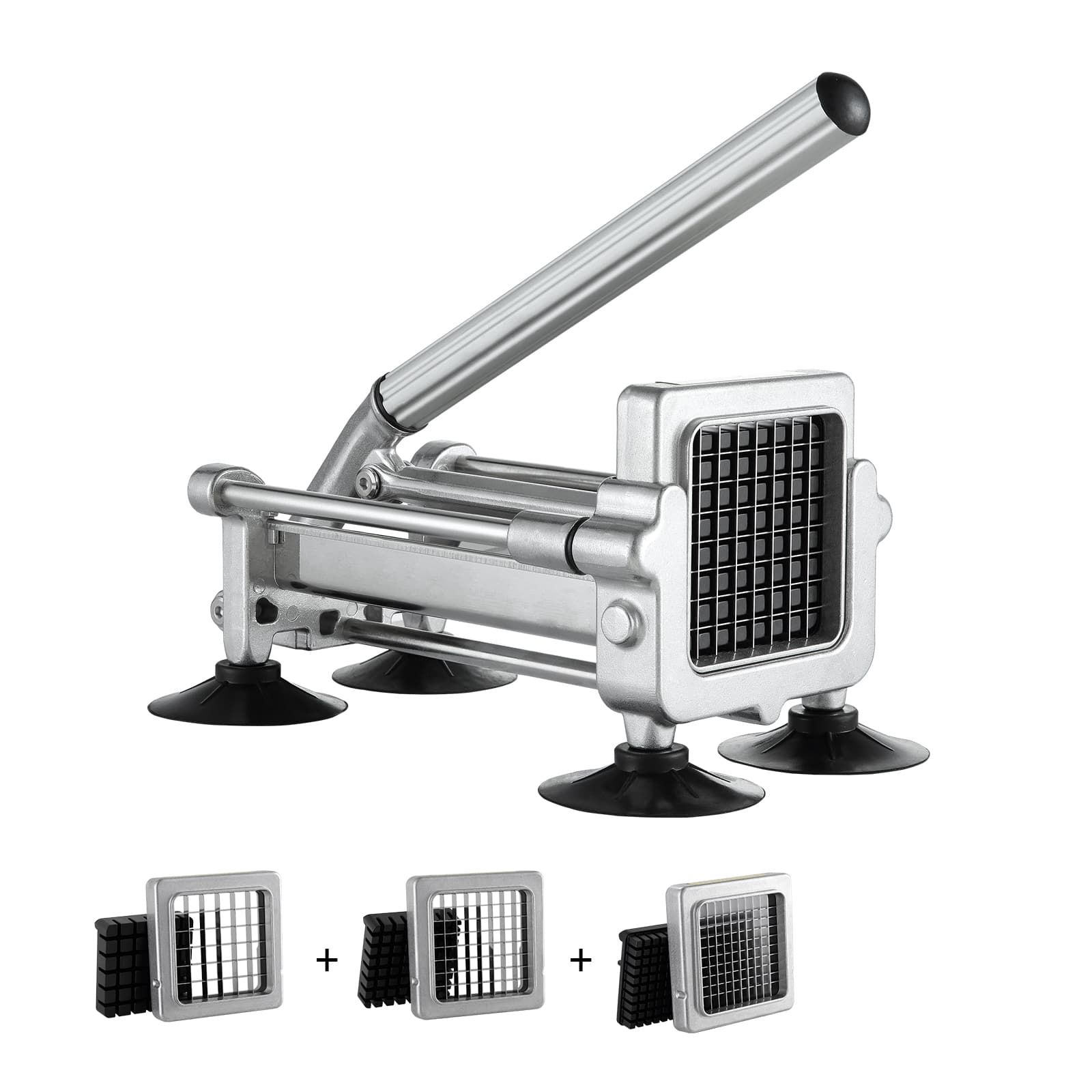 Front. VEVOR - French Fry Cutter, Potato Slicer with 1/2" 3/8" 1/4" Stainless Steel Blades, Manual Potato Cutter Chopper - Silver.