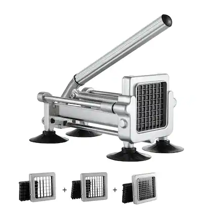 Front. VEVOR - French Fry Cutter, Potato Slicer with 1/2" 3/8" 1/4" Stainless Steel Blades, Manual Potato Cutter Chopper - Silver.