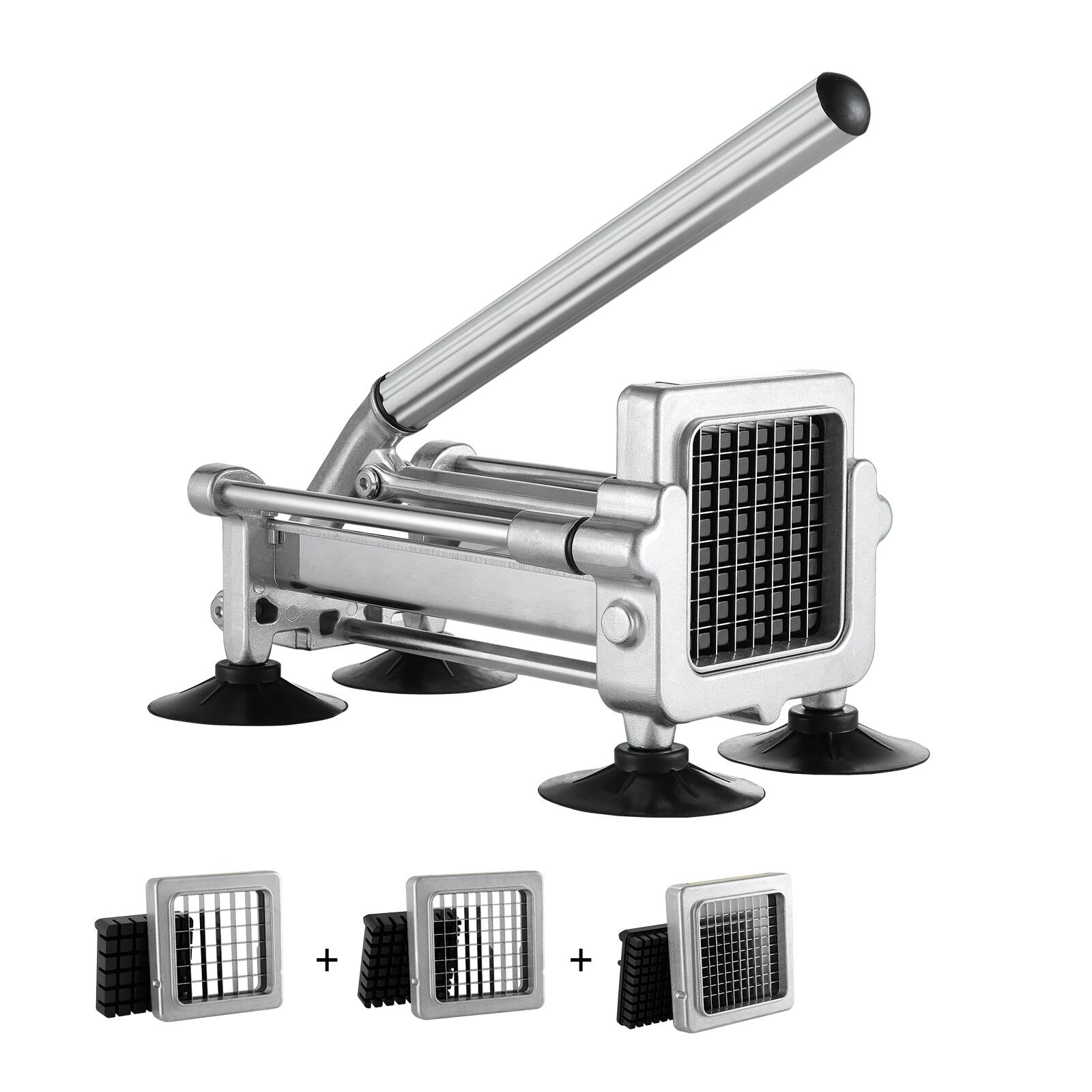 Front. VEVOR - French Fry Cutter, Potato Slicer with 1/2" 3/8" 1/4" Stainless Steel Blades, Manual Potato Cutter Chopper - Silver.