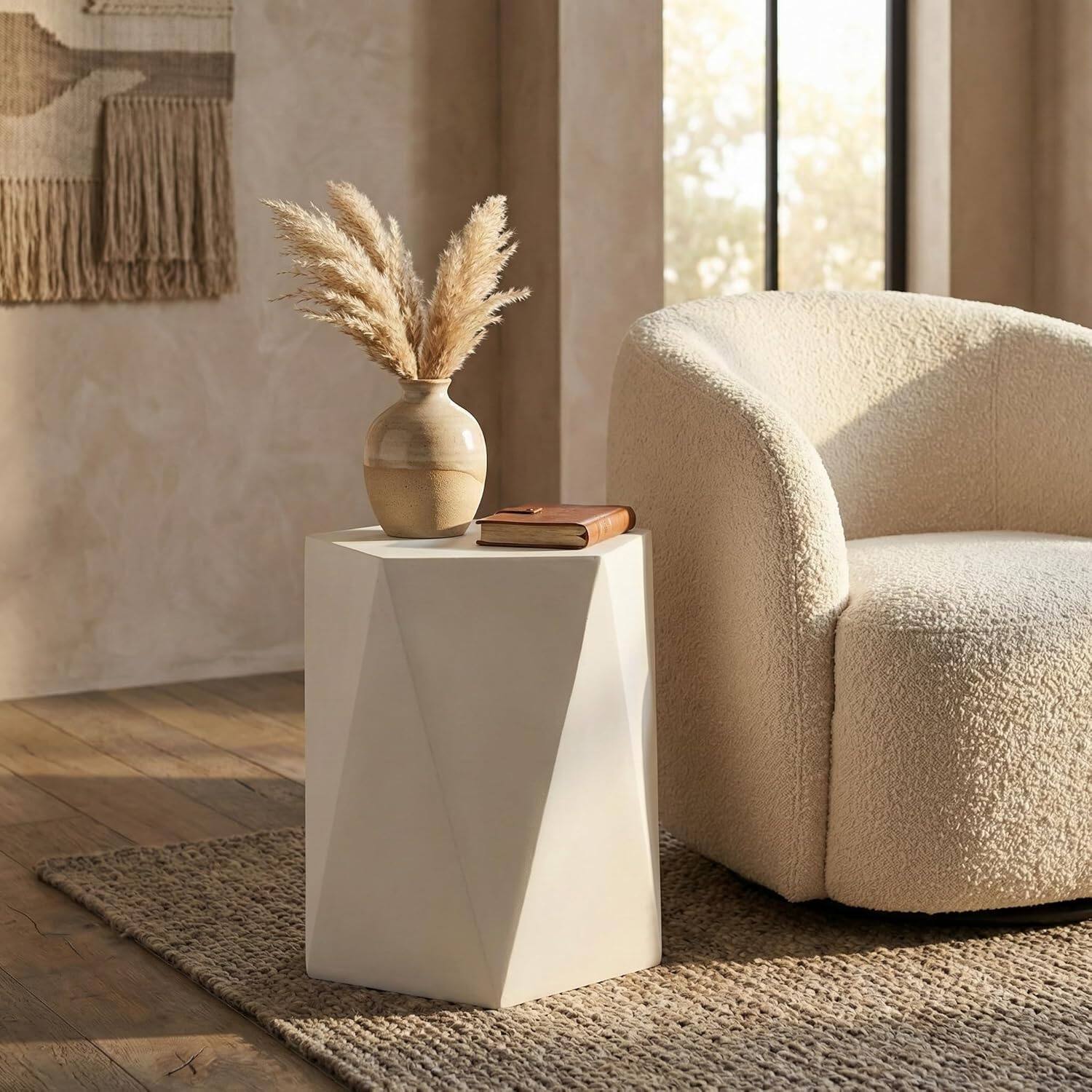 Left. LeisureMod - Nexovo Geometric Side Table, Multi-Faceted Fiberstone Modern Indoor/Outdoor Accent Table - No Assembly - White.
