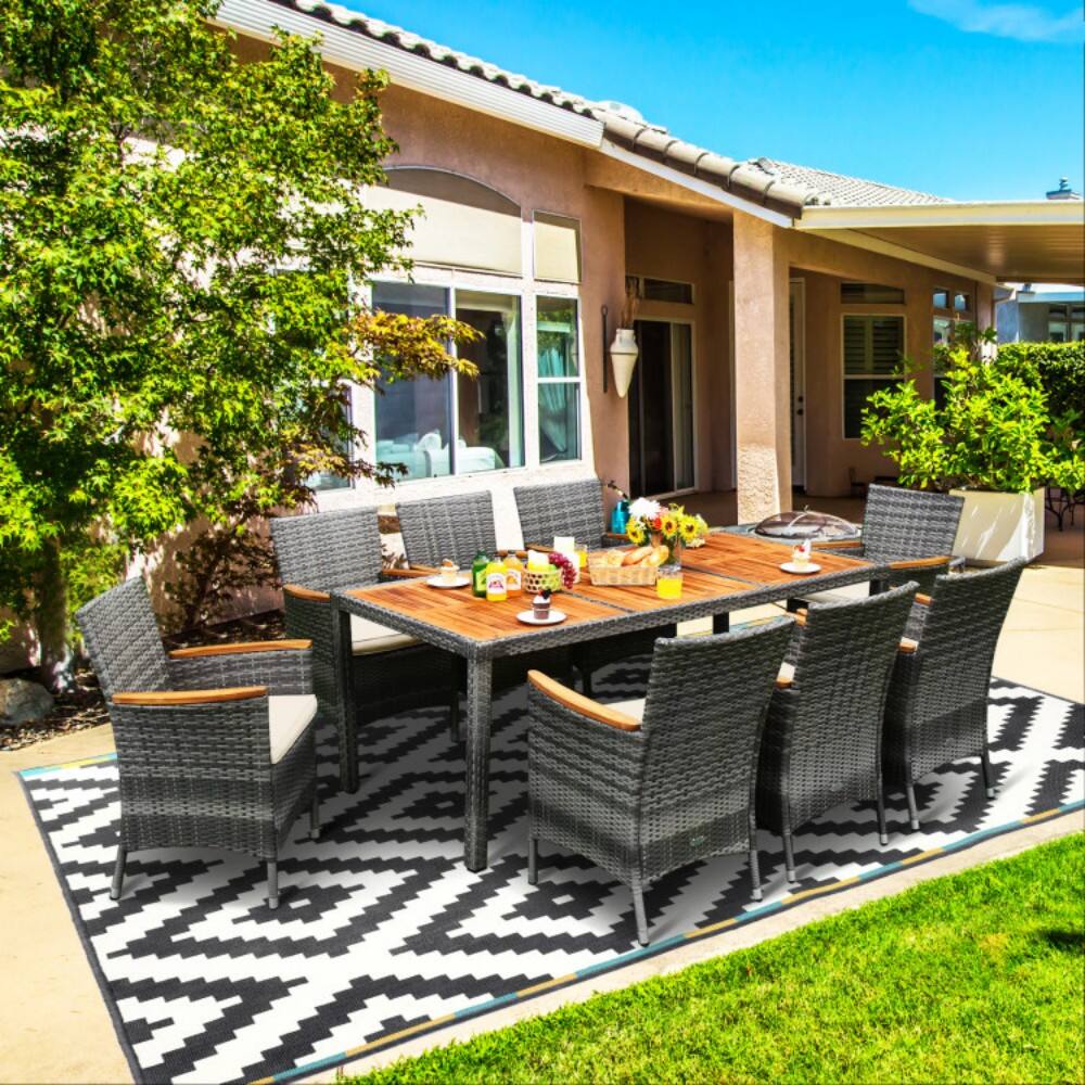 Alt View 4. Mondawe - 9 Pieces Rattan Patio Dining Set with Acacia Wood Table and Cushioned Chair - Mix grey.